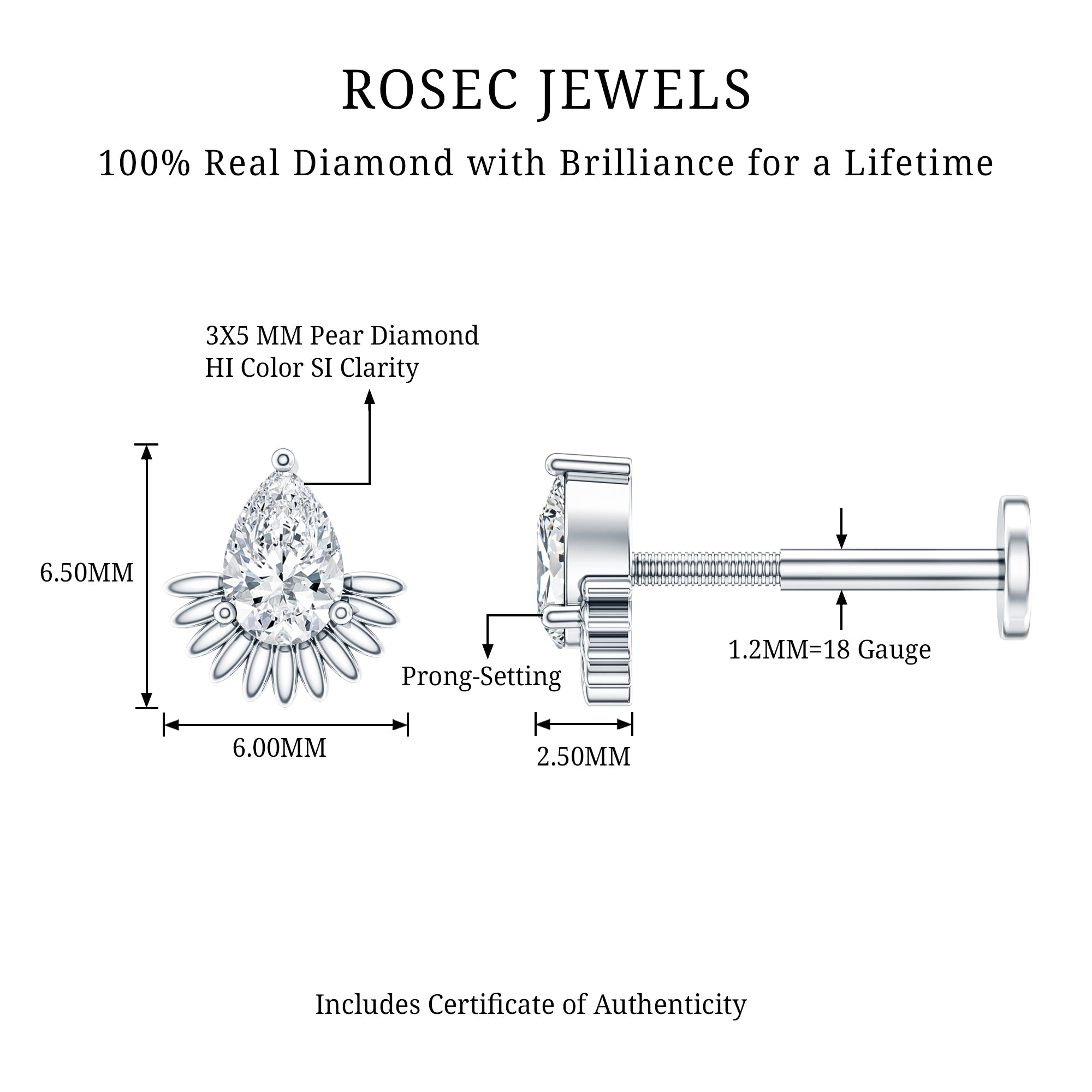 Pear Shape Diamond Solitaire Helix Earring Natural - ( HI-SI ) - Rosec Jewels