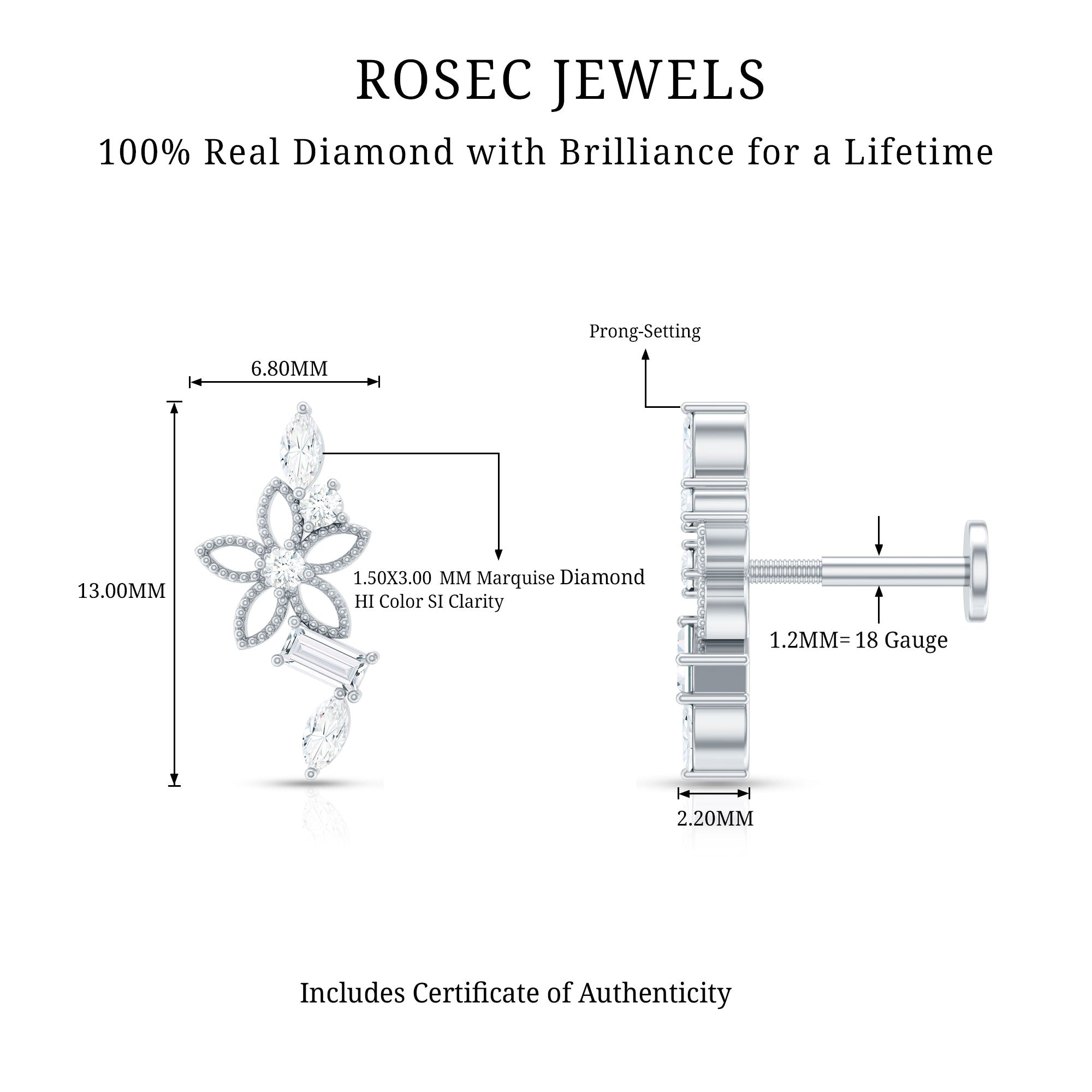 Real Diamond Flower Crawler Earring for Helix Piercing Natural - ( HI-SI ) - Rosec Jewels