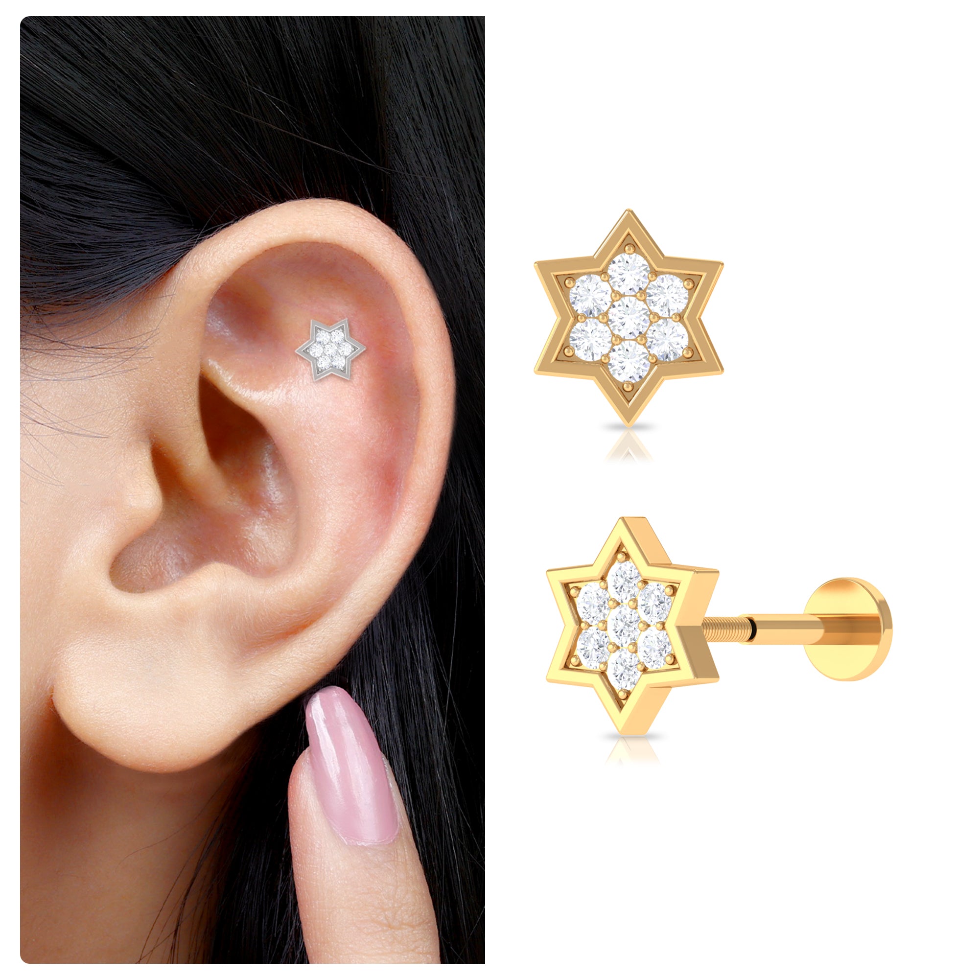 Certified Diamond Star Earring for Helix Piercing Natural - ( HI-SI ) - Rosec Jewels