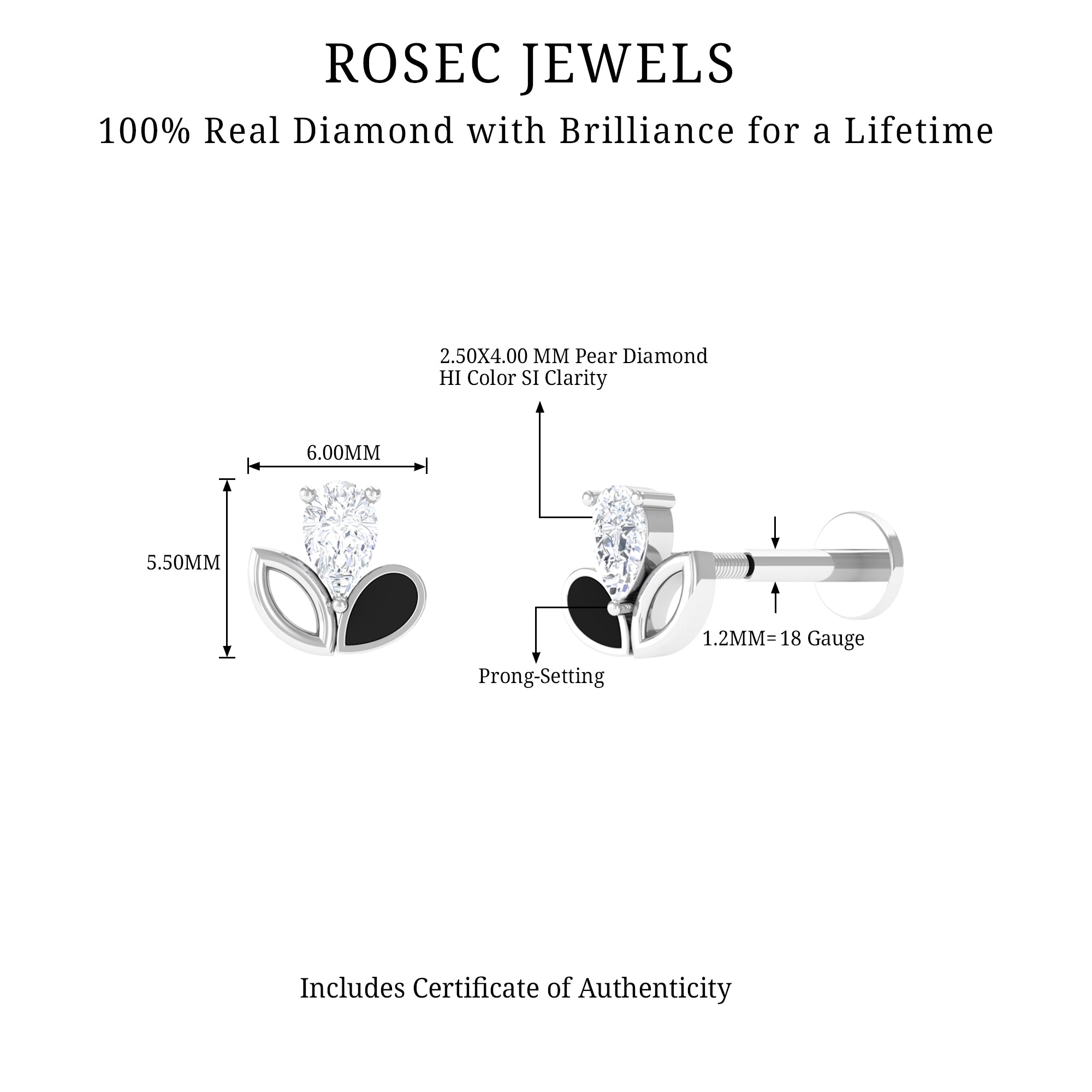 Pear Shape Diamond Leaf Earring for Helix Piercing Natural - ( HI-SI ) - Rosec Jewels