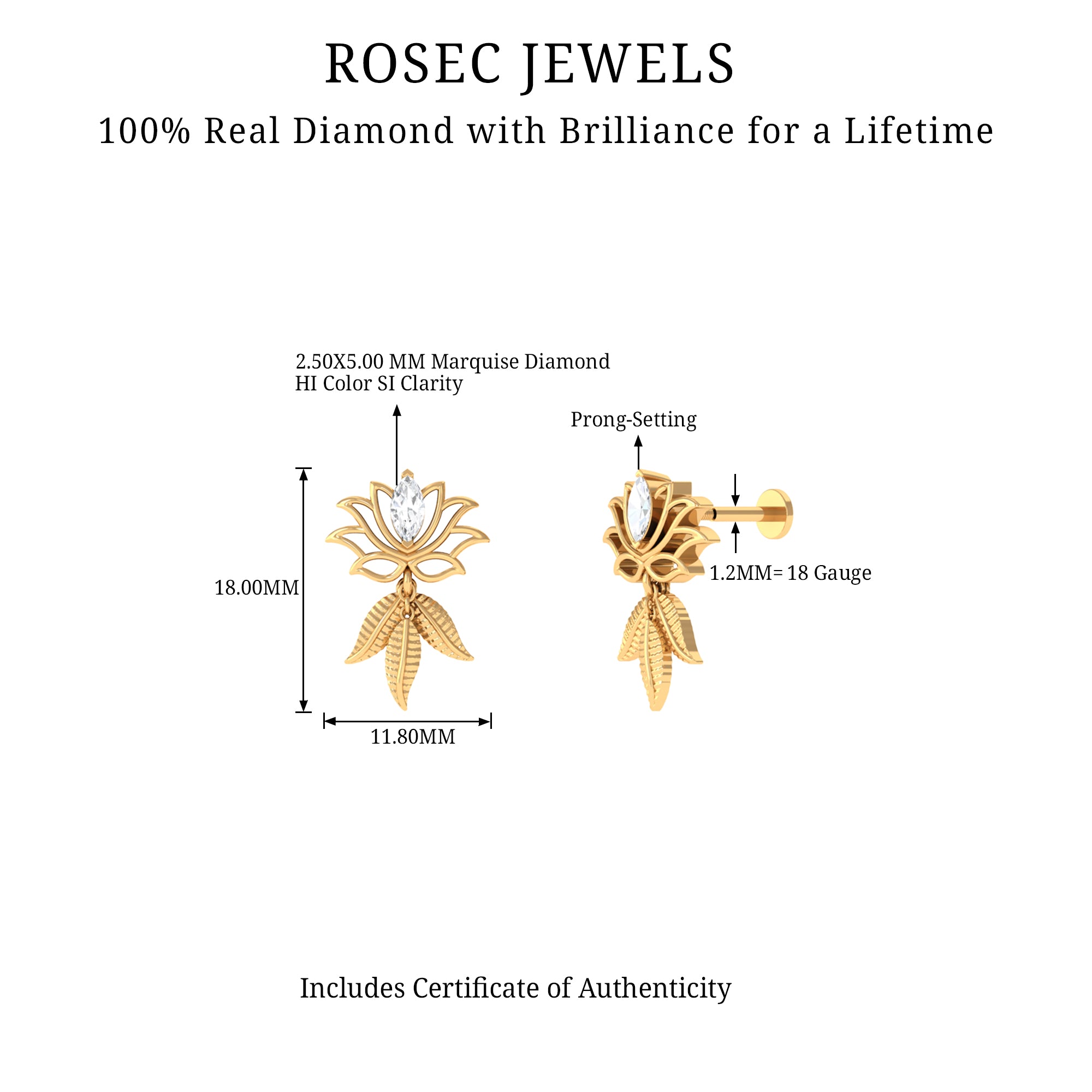 Marquise Diamond Lotus Flower Drop Earring Natural - ( HI-SI ) - Rosec Jewels