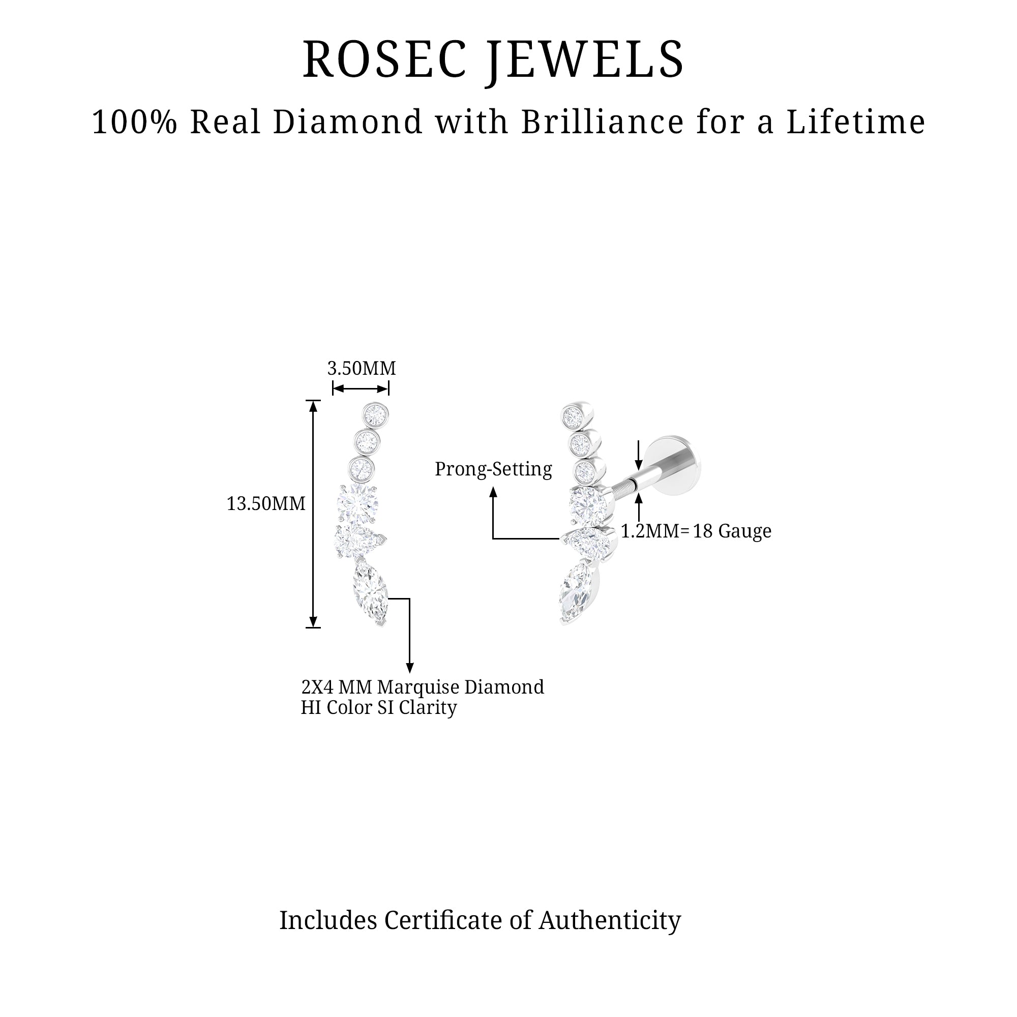 Genuine Diamond Crawler Earring for Cartilage Piercing Natural - ( HI-SI ) - Rosec Jewels
