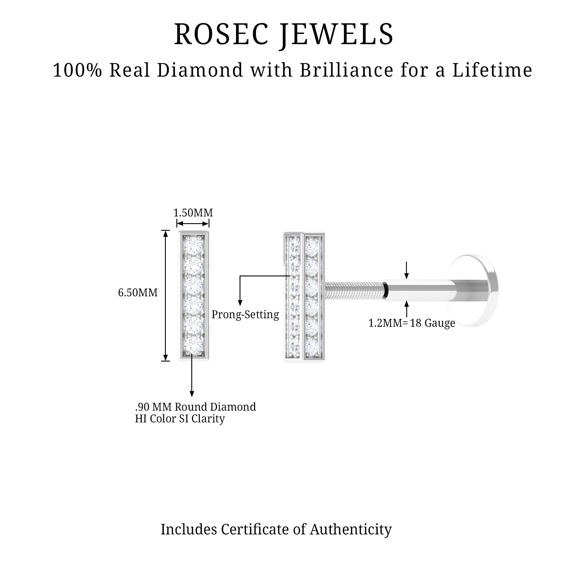 Diamond Bar Earring for Tragus Piercing Natural - ( HI-SI ) - Rosec Jewels