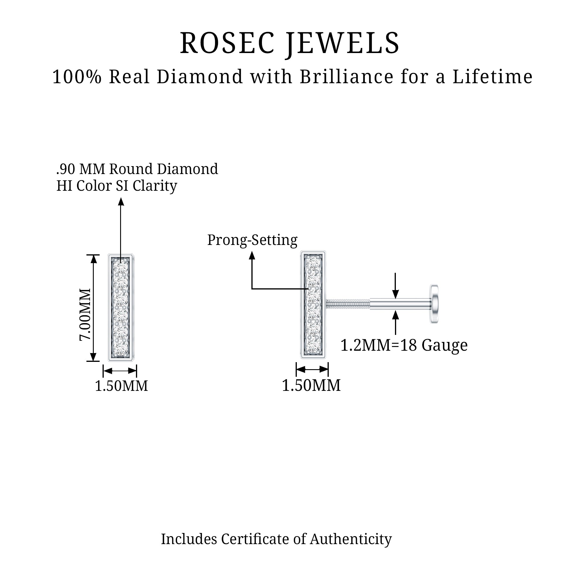 Diamond Bar Earring for Tragus Piercing Natural - ( HI-SI ) - Rosec Jewels