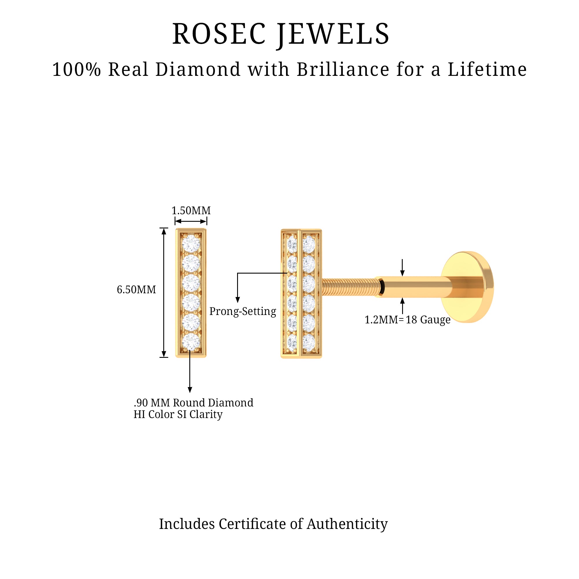 Diamond Bar Earring for Tragus Piercing Natural - ( HI-SI ) - Rosec Jewels