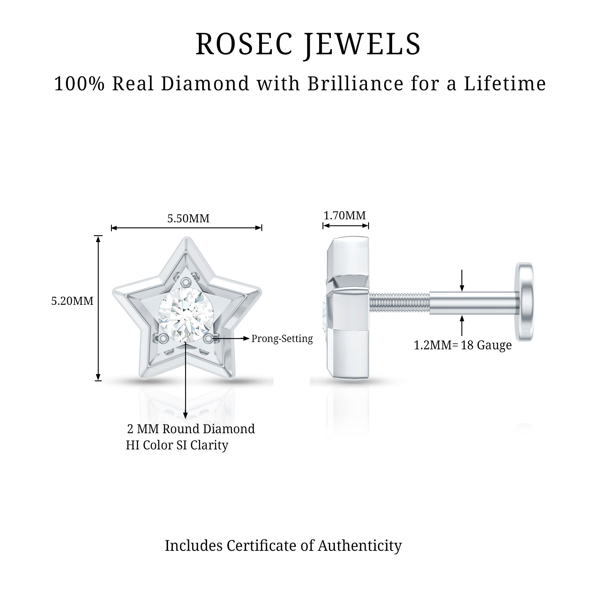 Dainty Diamond Star Earring for Tragus Piercing Natural - ( HI-SI ) - Rosec Jewels