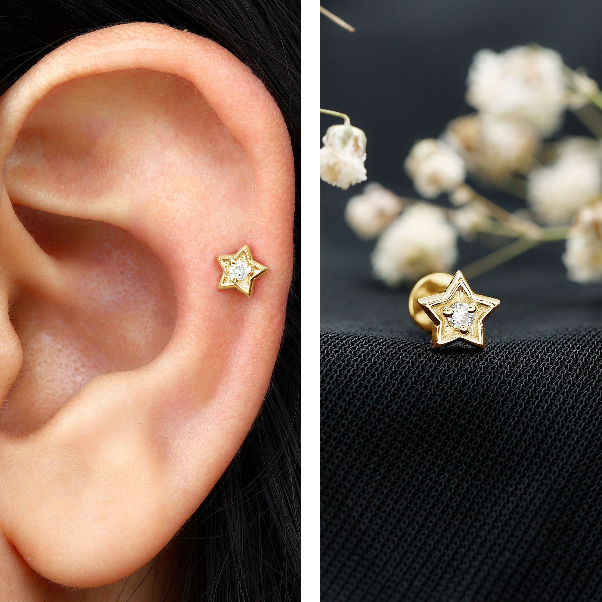 Dainty Diamond Star Earring for Tragus Piercing Natural - ( HI-SI ) - Rosec Jewels