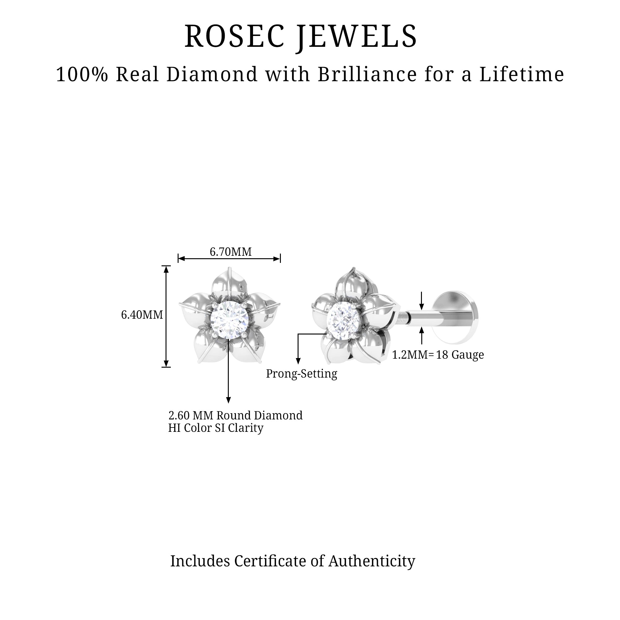 Minimal Diamond Flower Earring for Helix Piercing Natural - ( HI-SI ) - Rosec Jewels