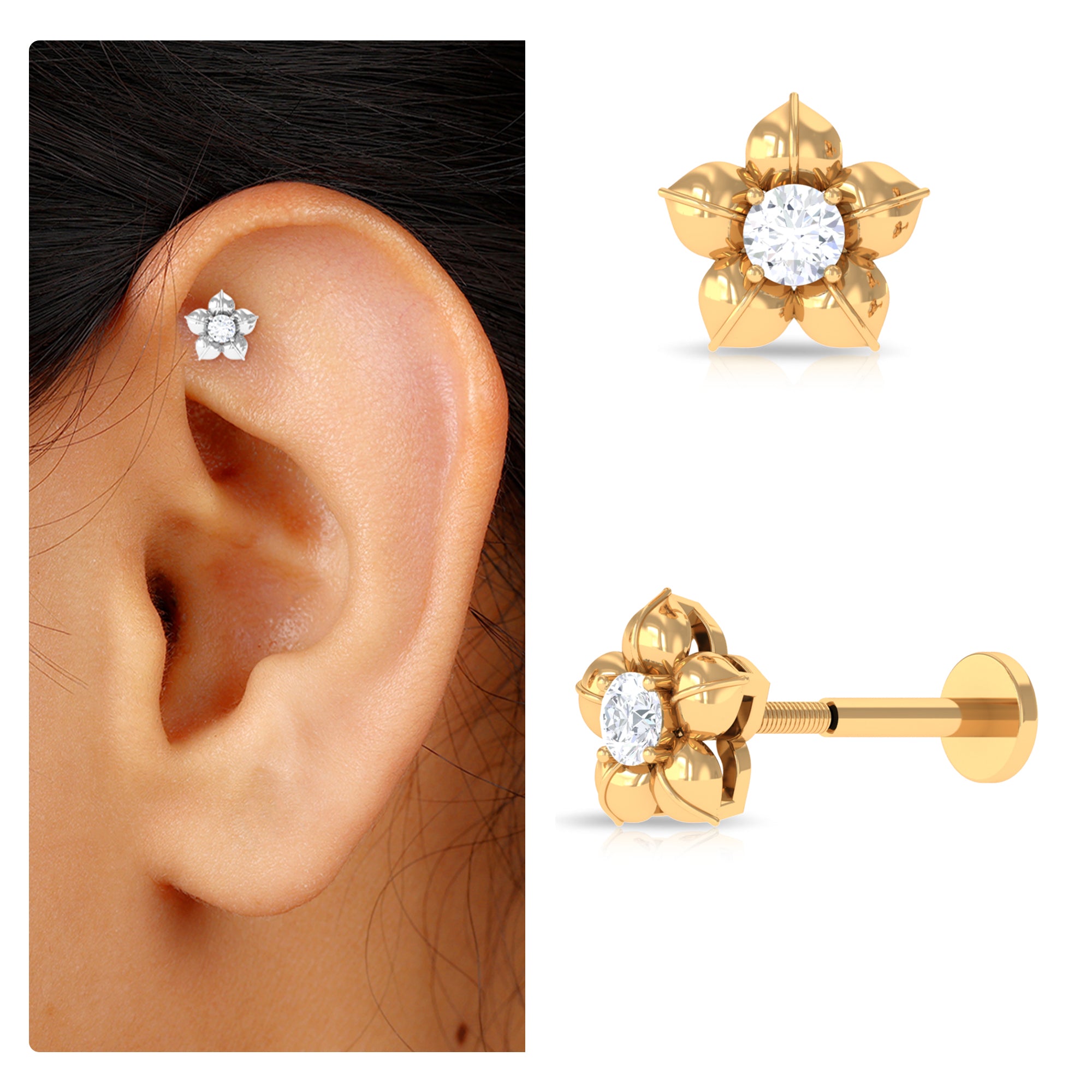 Minimal Diamond Flower Earring for Helix Piercing Natural - ( HI-SI ) - Rosec Jewels