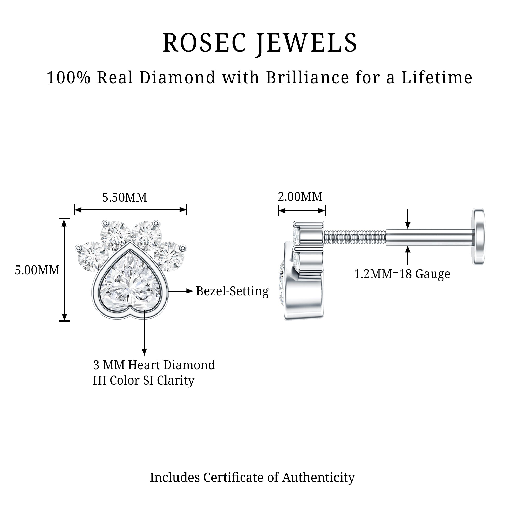 Heart Shape Diamond Dog Paw Print Earring Natural - ( HI-SI ) - Rosec Jewels