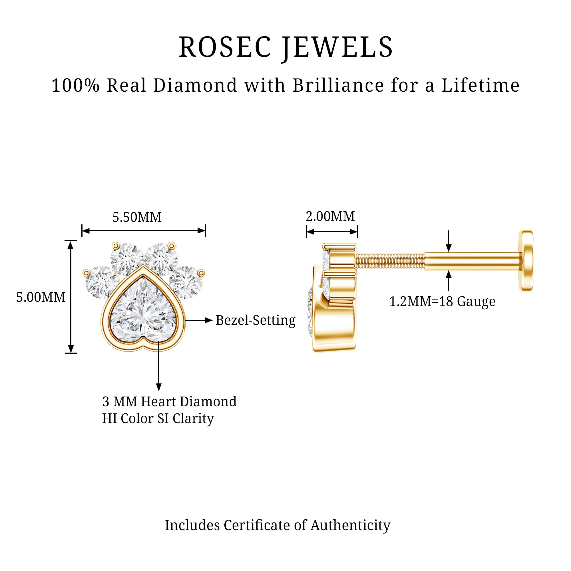 Heart Shape Diamond Dog Paw Print Earring Natural - ( HI-SI ) - Rosec Jewels