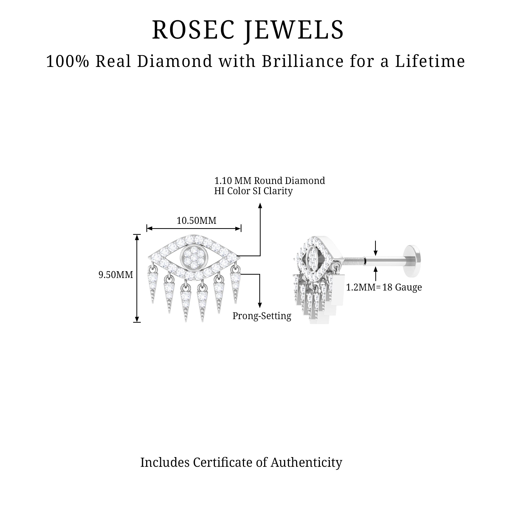 Diamond Evil Eye Earring for Upper Lobe Piercing Natural - ( HI-SI ) - Rosec Jewels