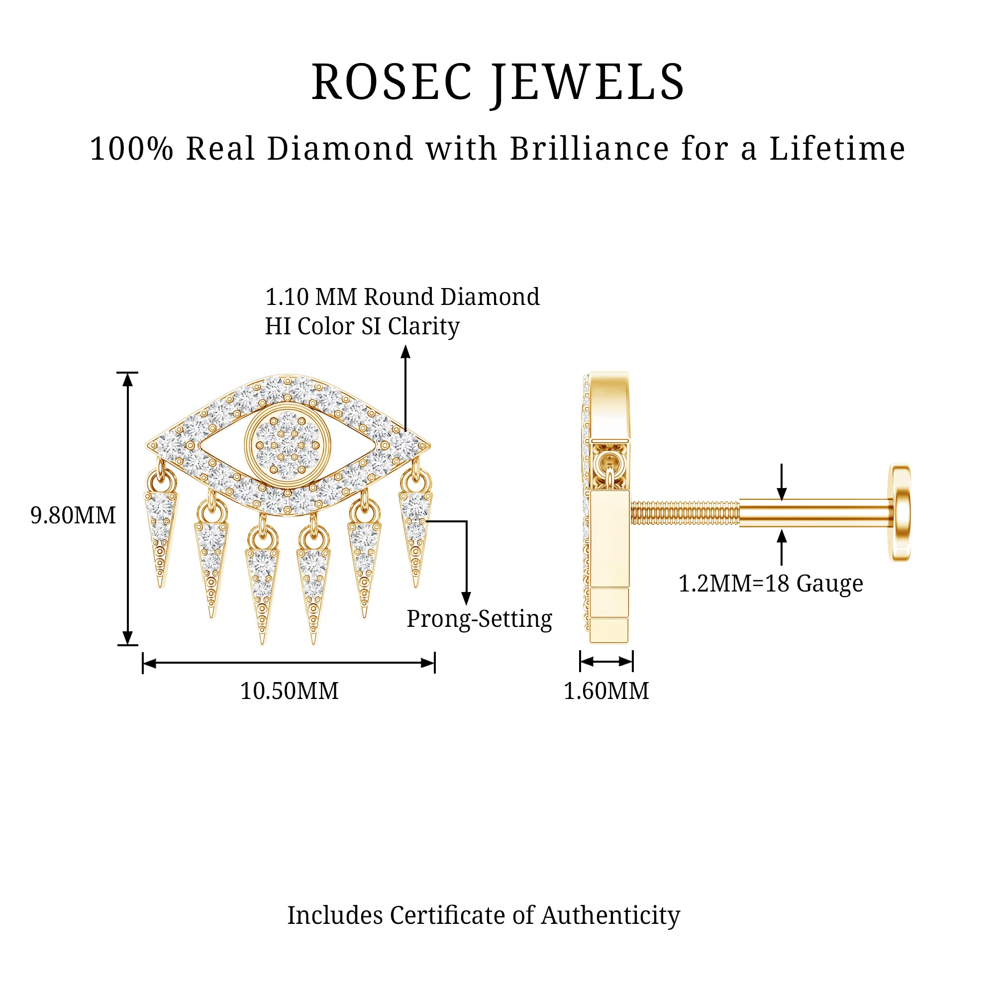 Diamond Evil Eye Earring for Upper Lobe Piercing Natural - ( HI-SI ) - Rosec Jewels