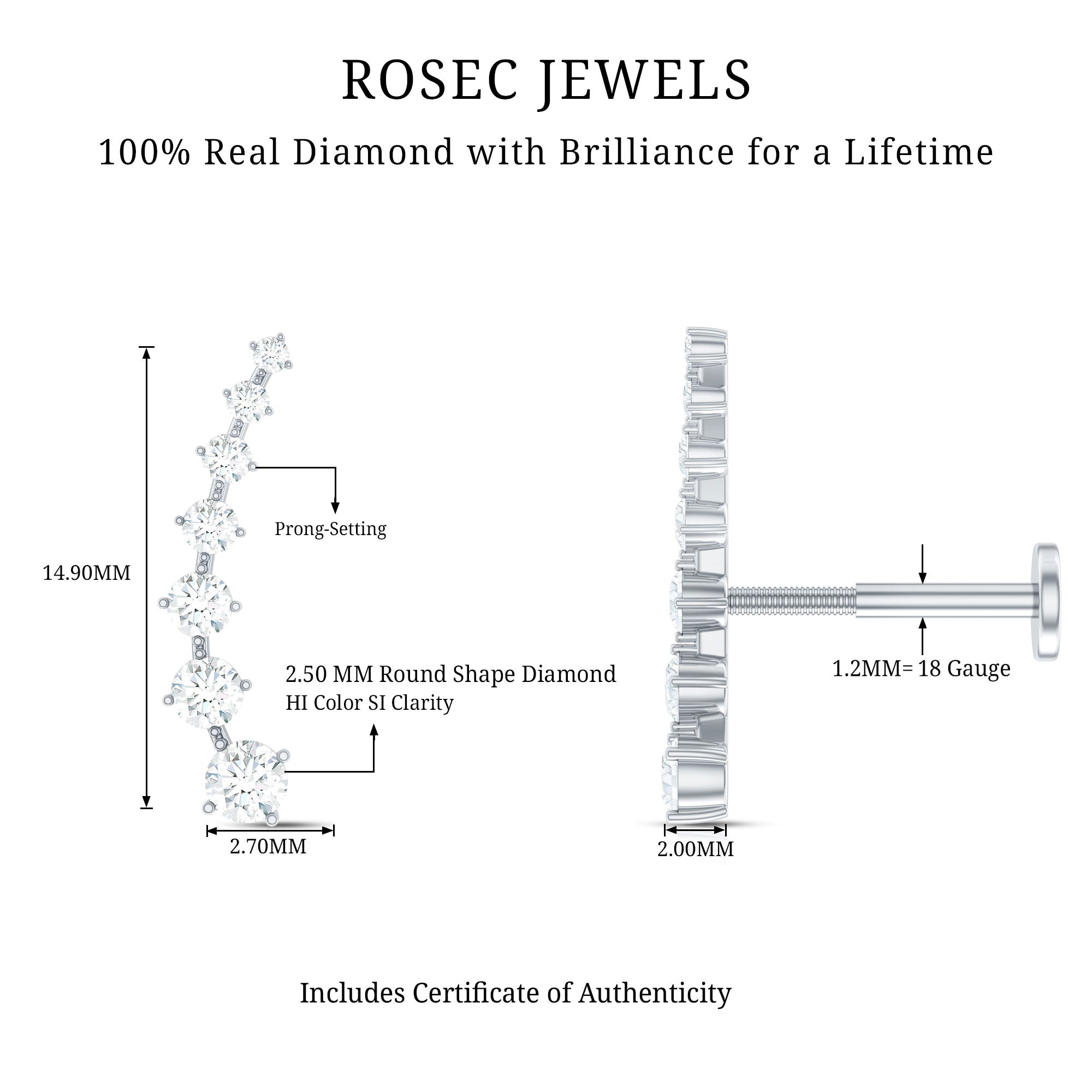 Brilliant Cut Diamond Ear Climber Earring for Helix Piercing Natural - ( HI-SI ) - Rosec Jewels