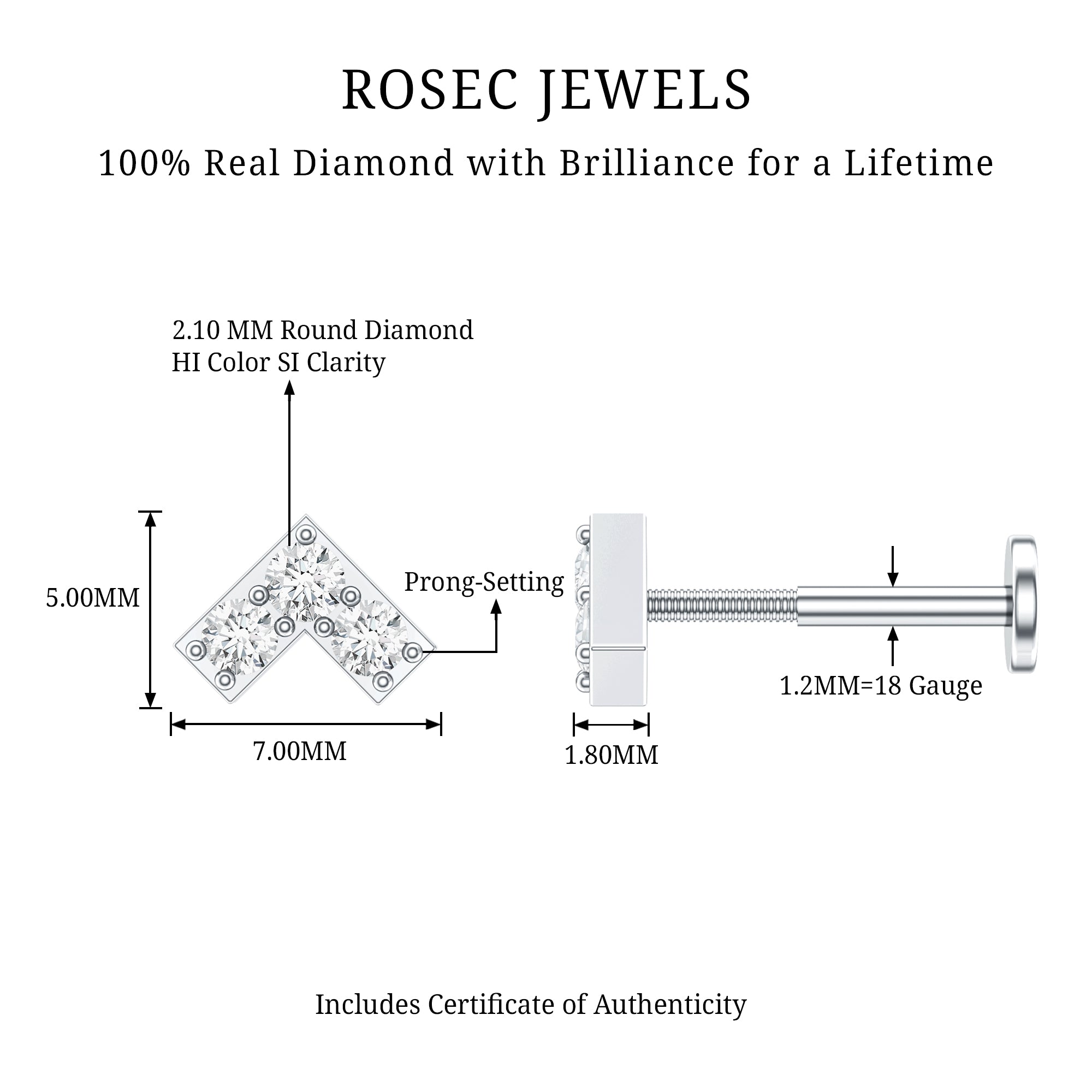 Certified Diamond Chevron V Earring for Tragus Piercing Natural - ( HI-SI ) - Rosec Jewels