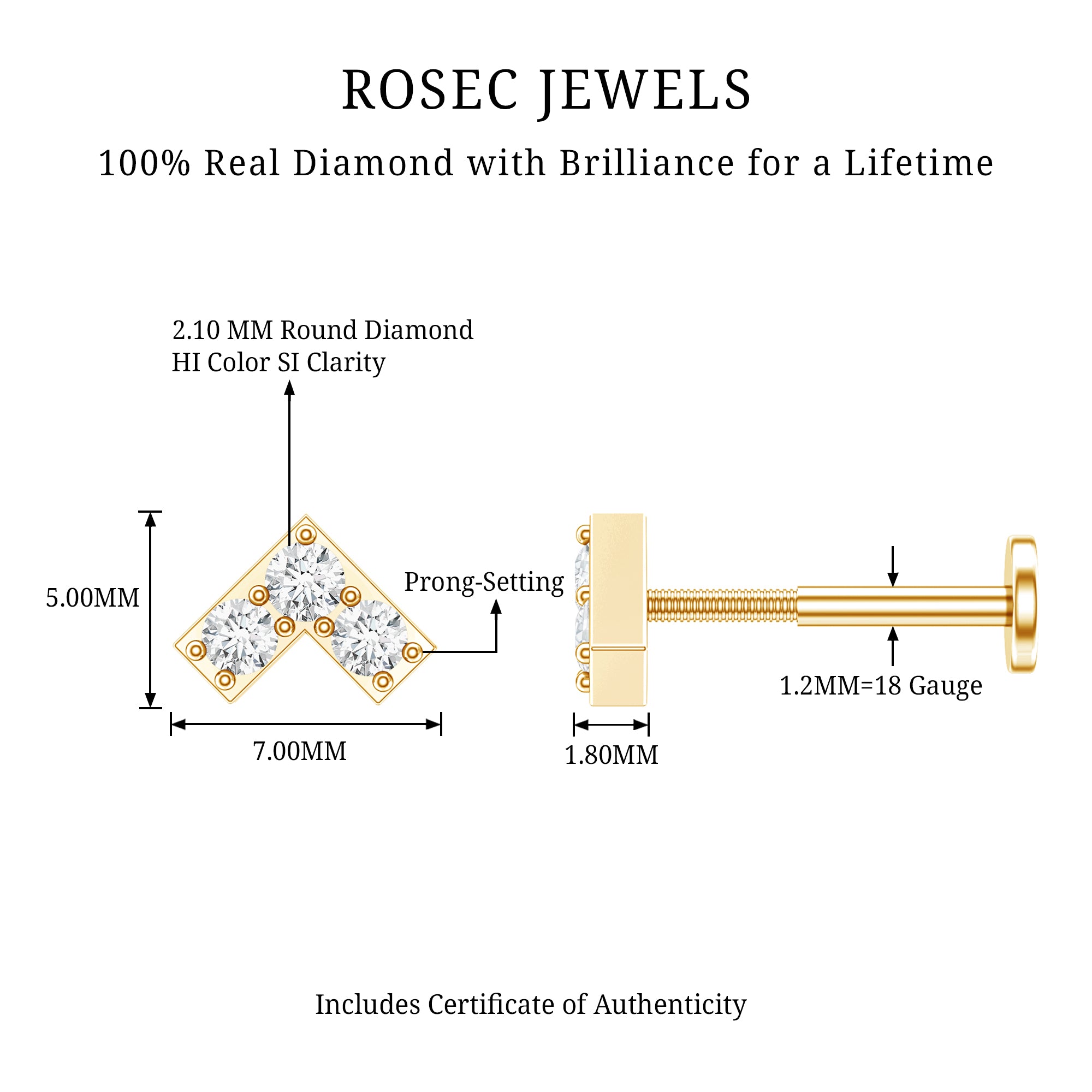 Certified Diamond Chevron V Earring for Tragus Piercing Natural - ( HI-SI ) - Rosec Jewels