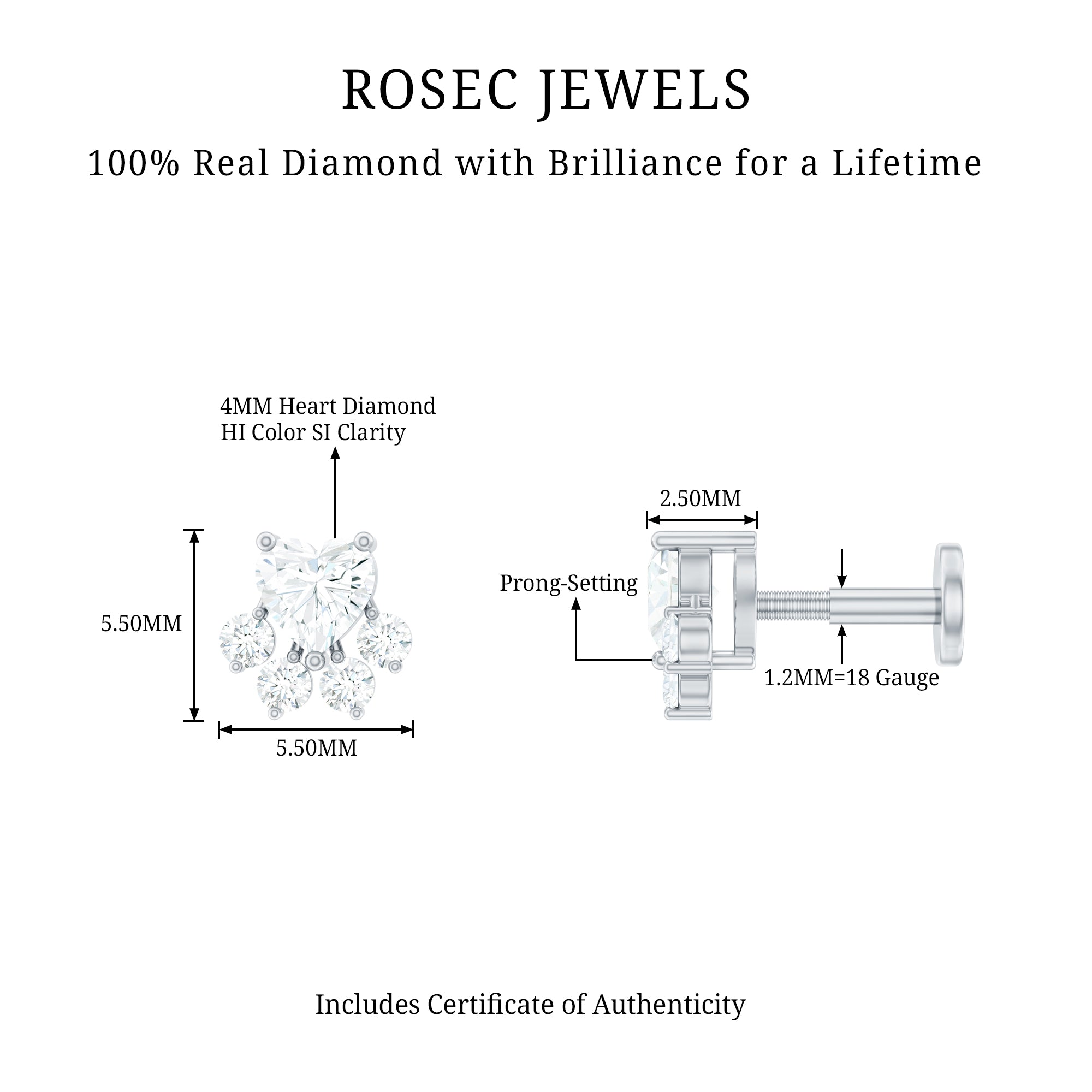 Heart Shape Diamond Dog Paw Earring for Helix Piercing Natural - ( HI-SI ) - Rosec Jewels