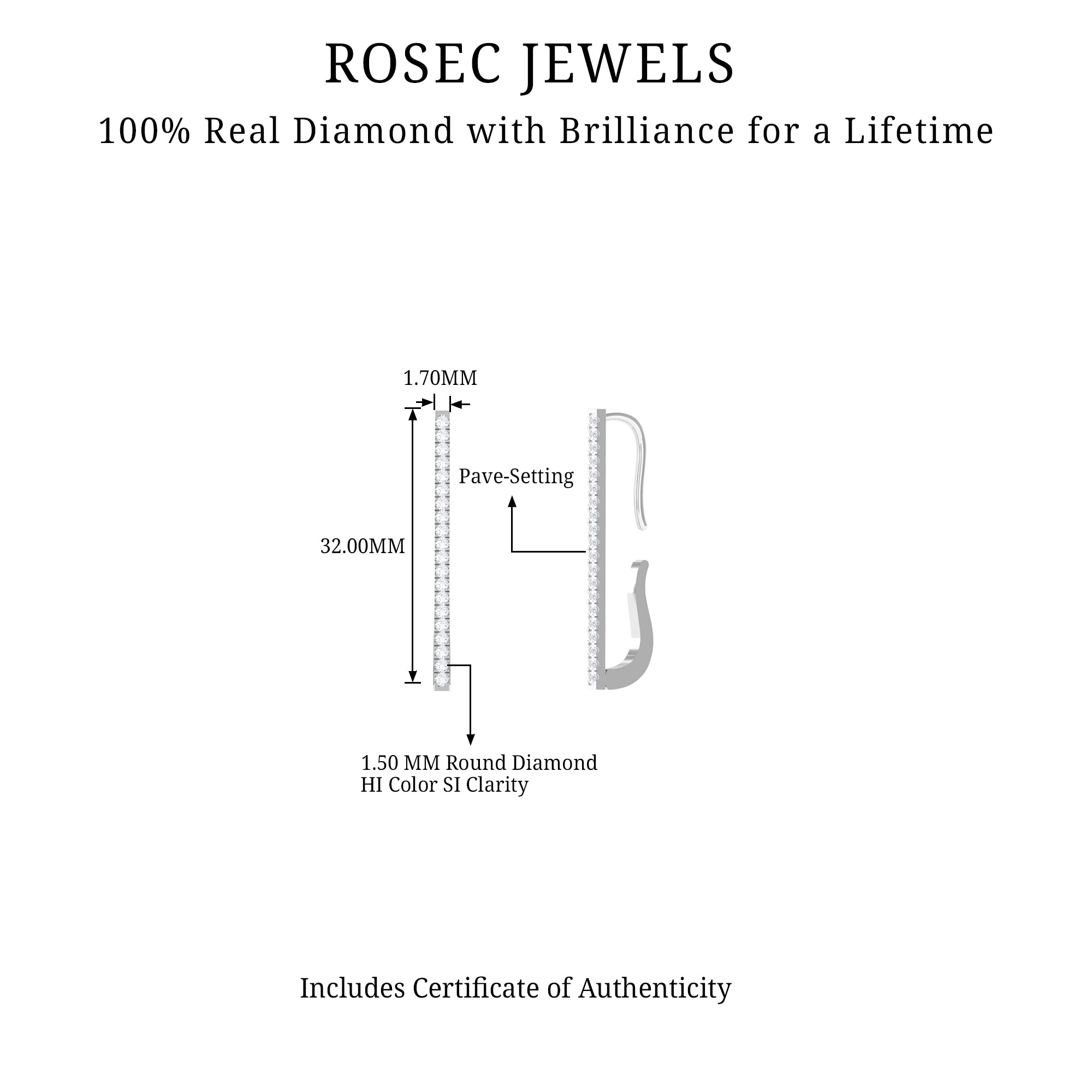 Pave Set Diamond Bar Ear Cuff No Piercing Natural - ( HI-SI ) - Rosec Jewels