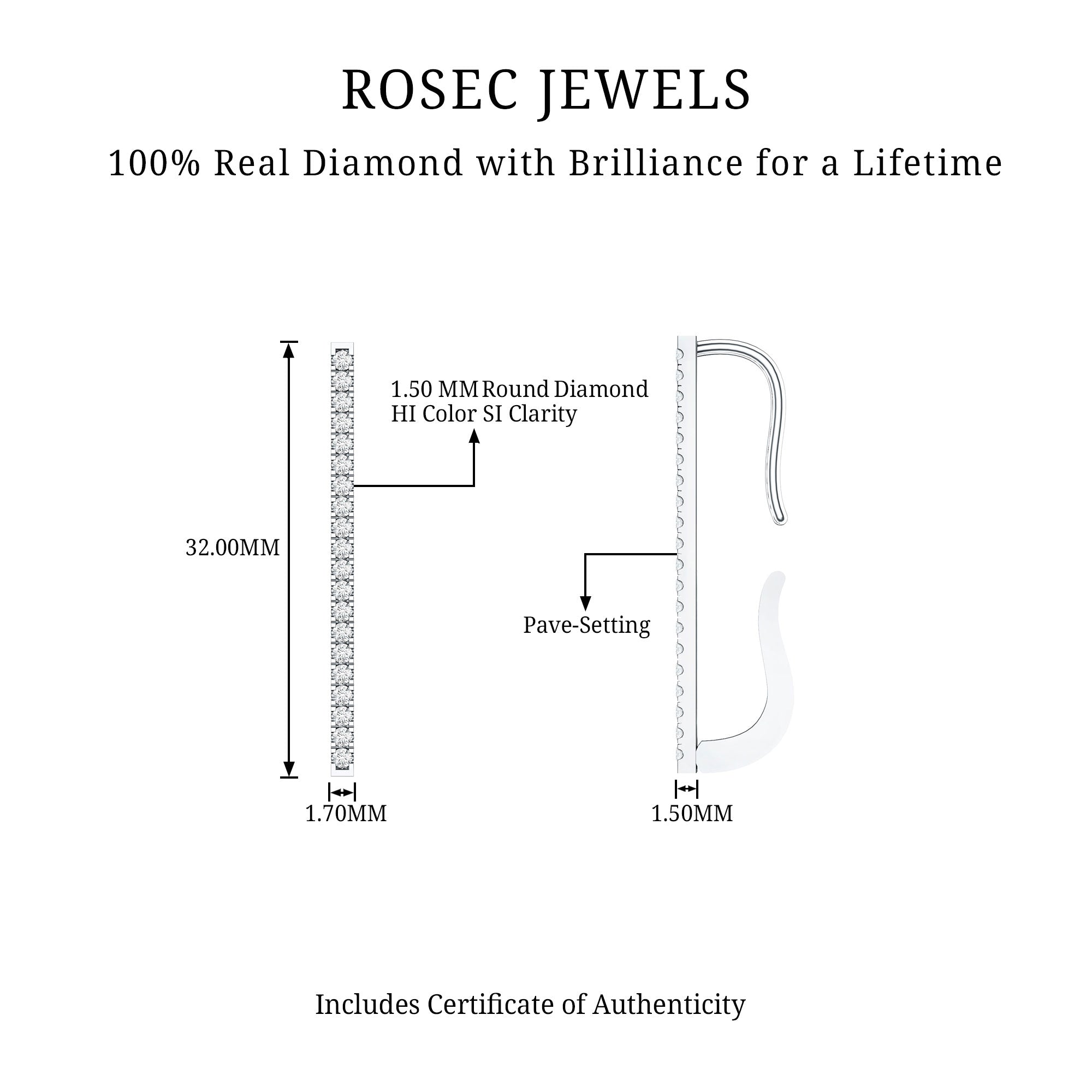 Pave Set Diamond Bar Ear Cuff No Piercing Natural - ( HI-SI ) - Rosec Jewels