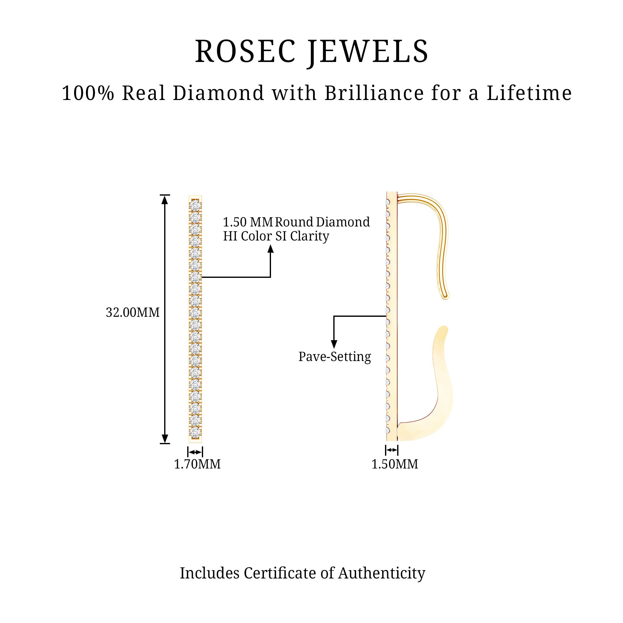 Pave Set Diamond Bar Ear Cuff No Piercing Natural - ( HI-SI ) - Rosec Jewels