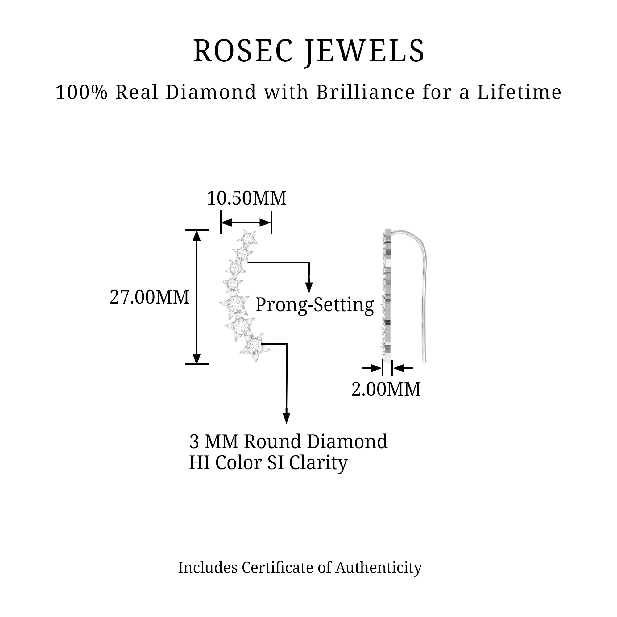 Certified Diamond Star Ear Cuff Earring for Helix Piercing Natural - ( HI-SI ) - Rosec Jewels