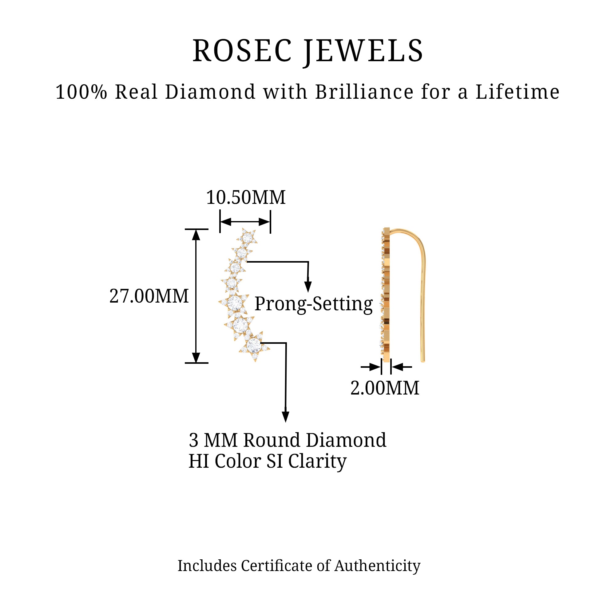 Certified Diamond Star Ear Cuff Earring for Helix Piercing Natural - ( HI-SI ) - Rosec Jewels