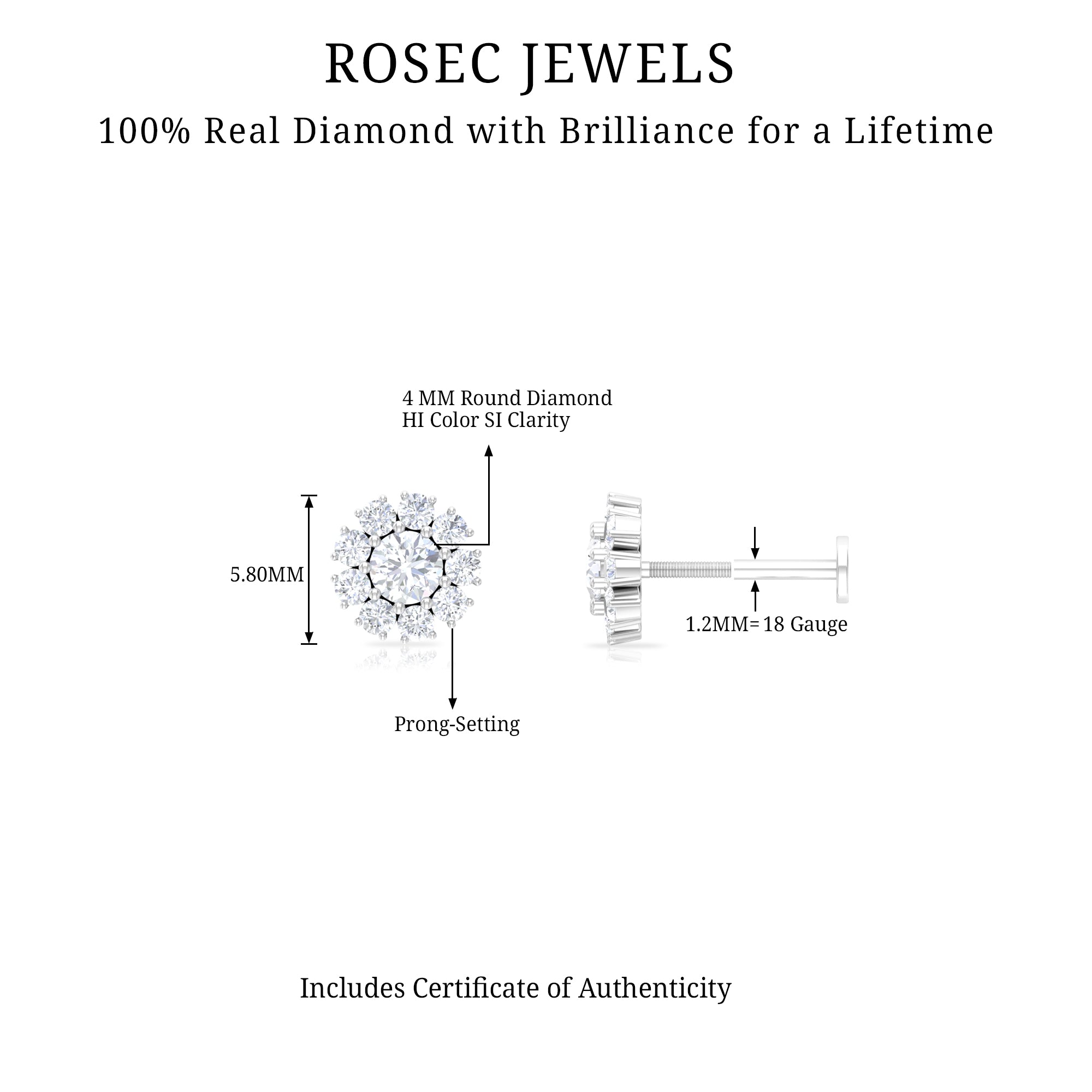 Certified Diamond Cluster Stud Earring with Flat Back Natural - ( HI-SI ) - Rosec Jewels