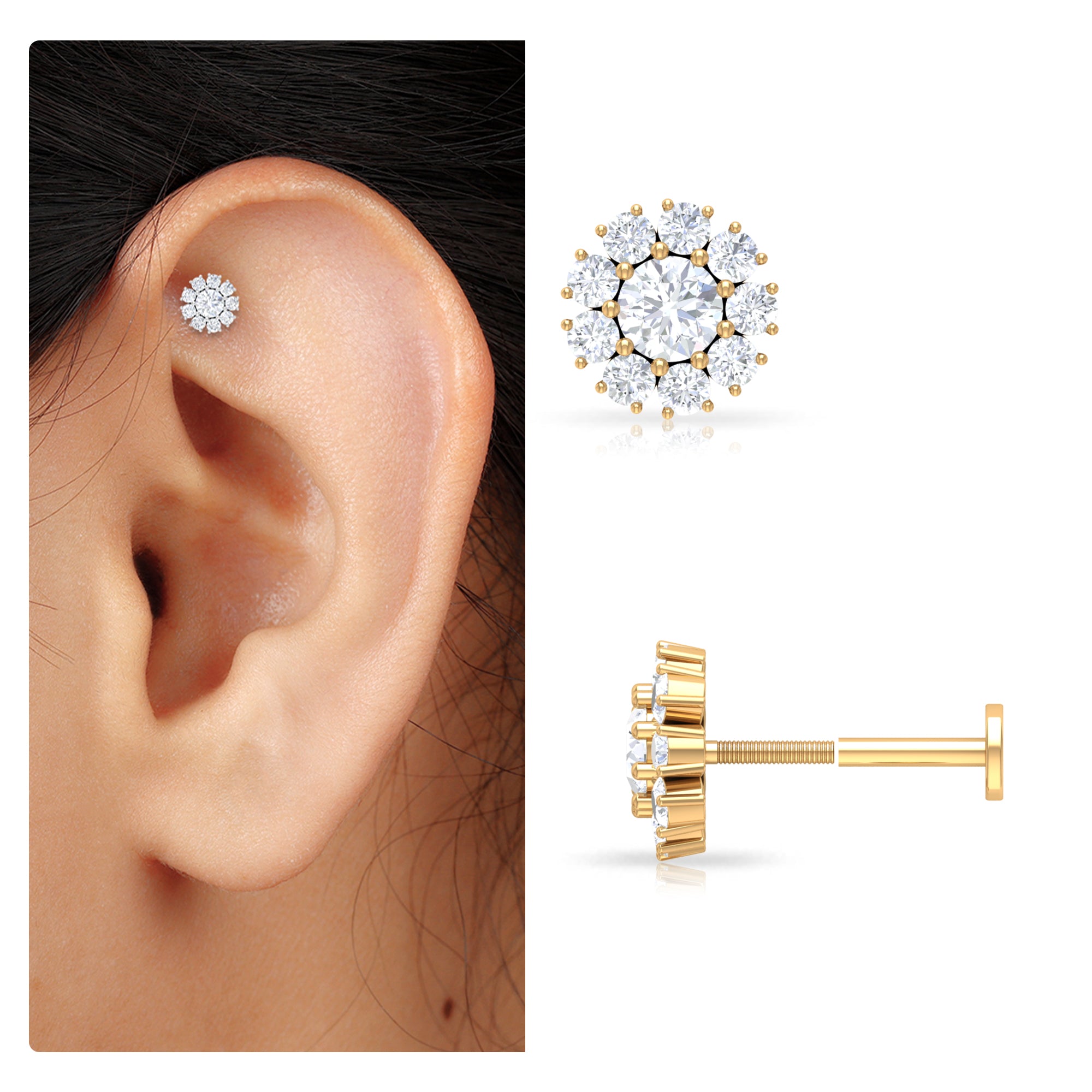 Certified Diamond Cluster Stud Earring with Flat Back Natural - ( HI-SI ) - Rosec Jewels