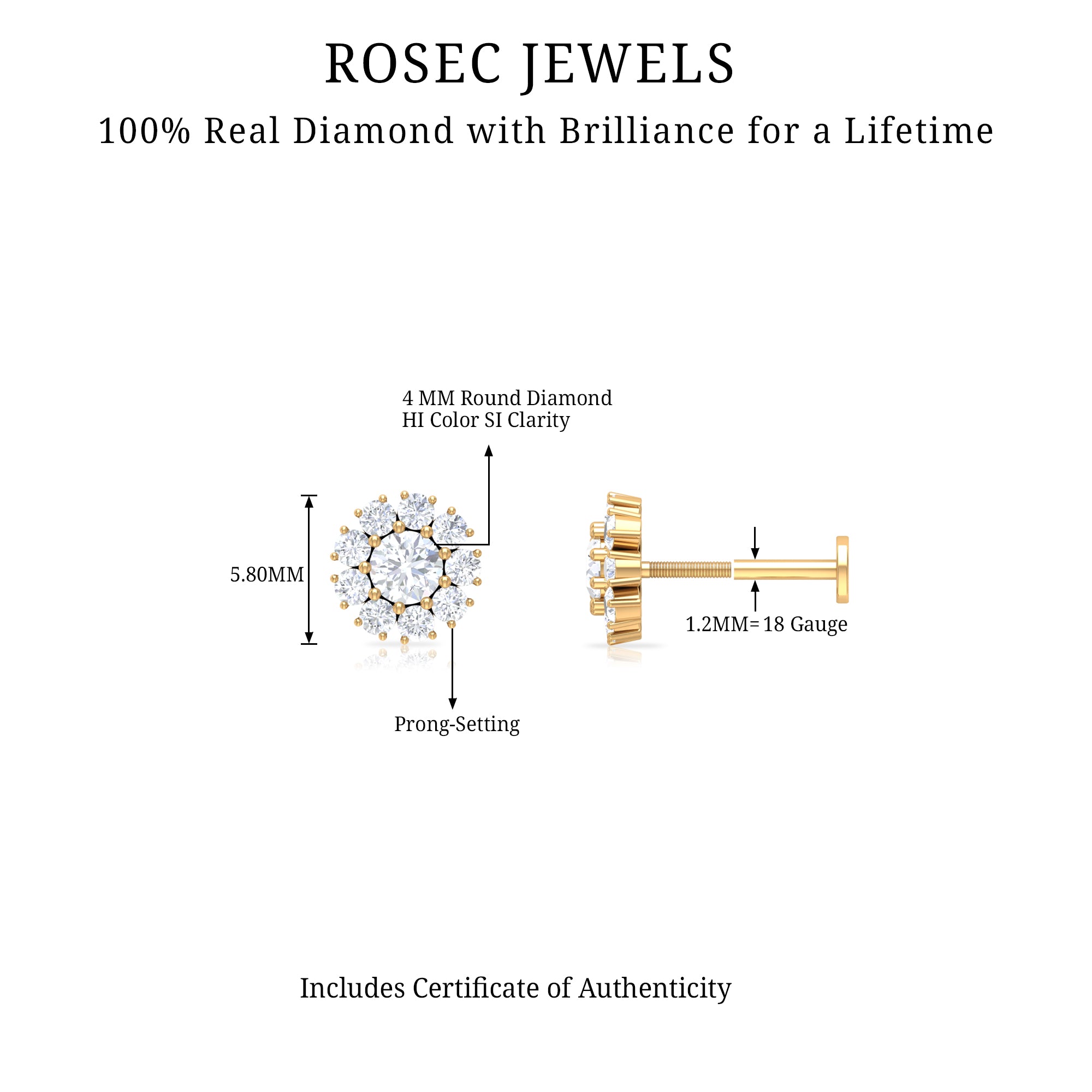 Certified Diamond Cluster Stud Earring with Flat Back Natural - ( HI-SI ) - Rosec Jewels