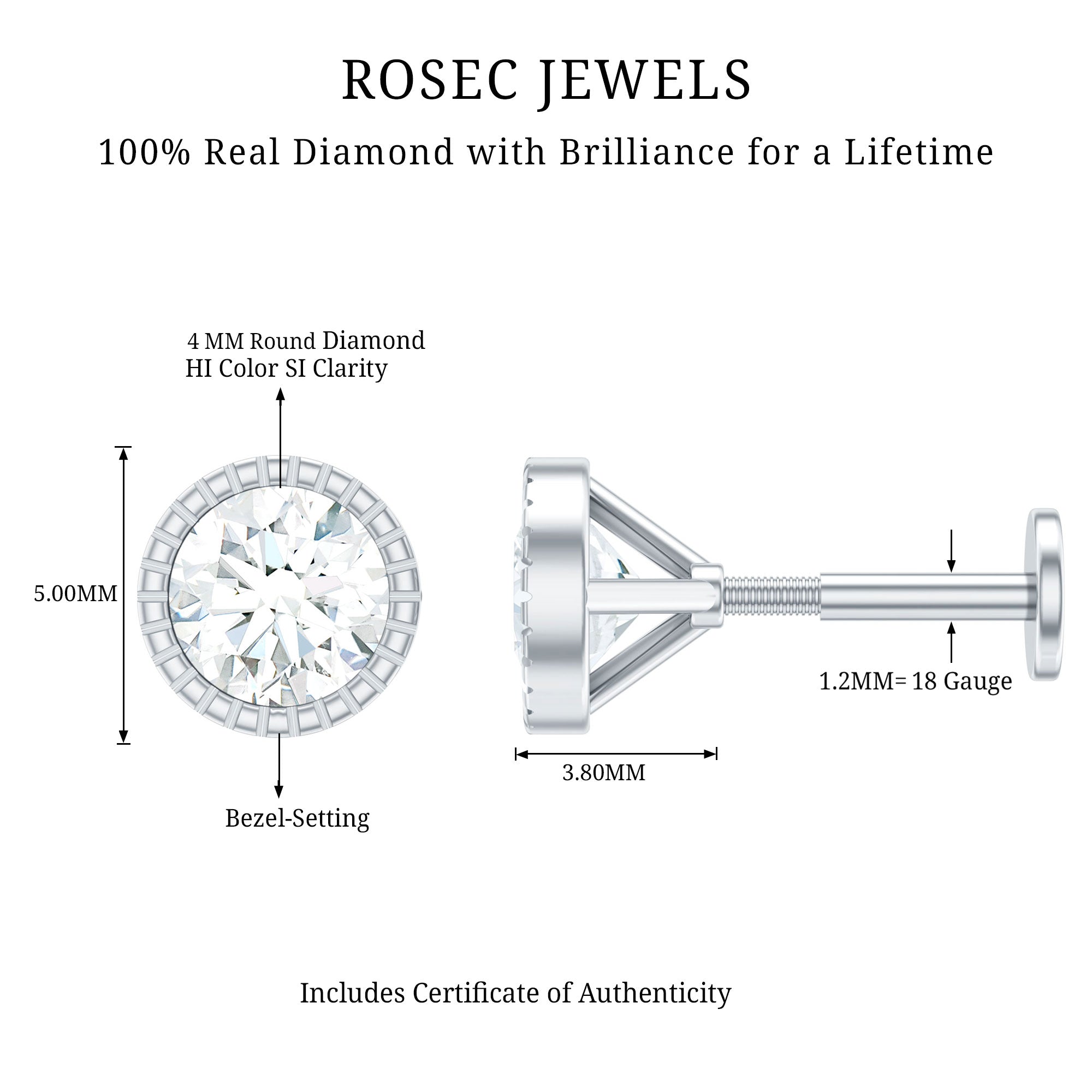 Bezel Set Diamond Solitaire Stud Earring for Helix Piercing Natural - ( HI-SI ) - Rosec Jewels