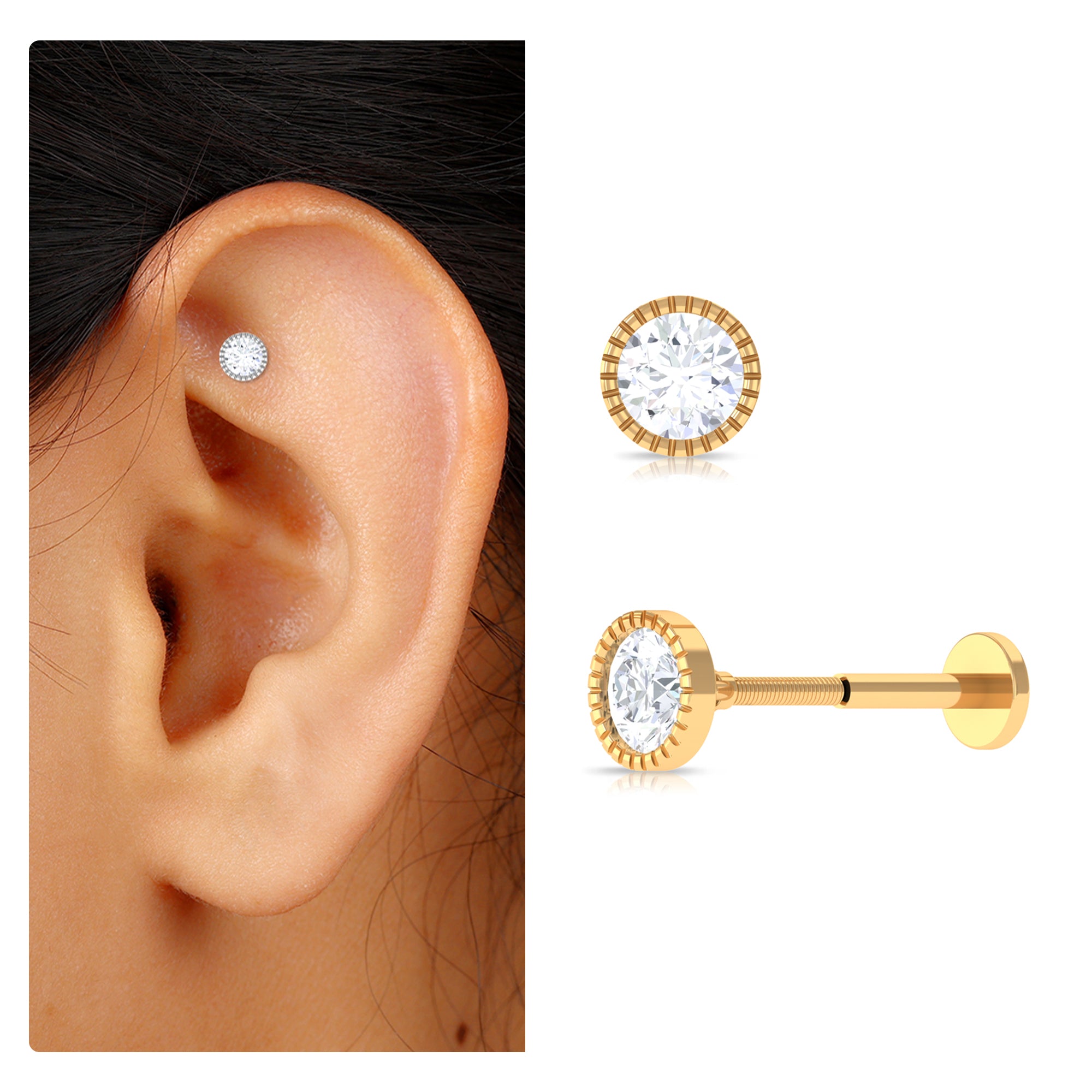 Bezel Set Diamond Solitaire Stud Earring for Helix Piercing Natural - ( HI-SI ) - Rosec Jewels