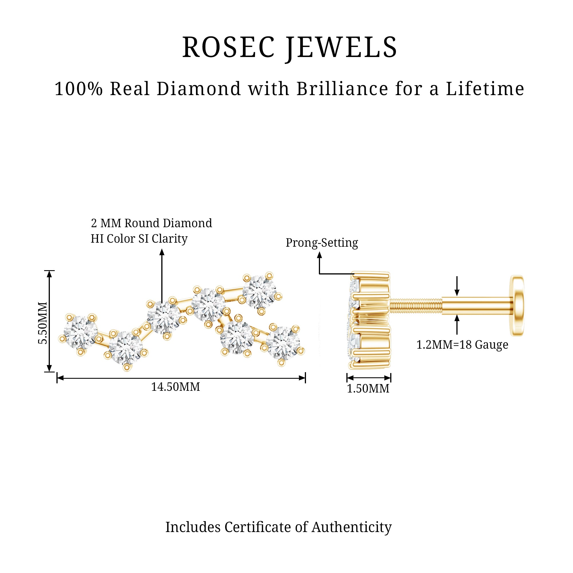 Diamond Virgo Constellation Earring for Cartilage Piercing Natural - ( HI-SI ) - Rosec Jewels