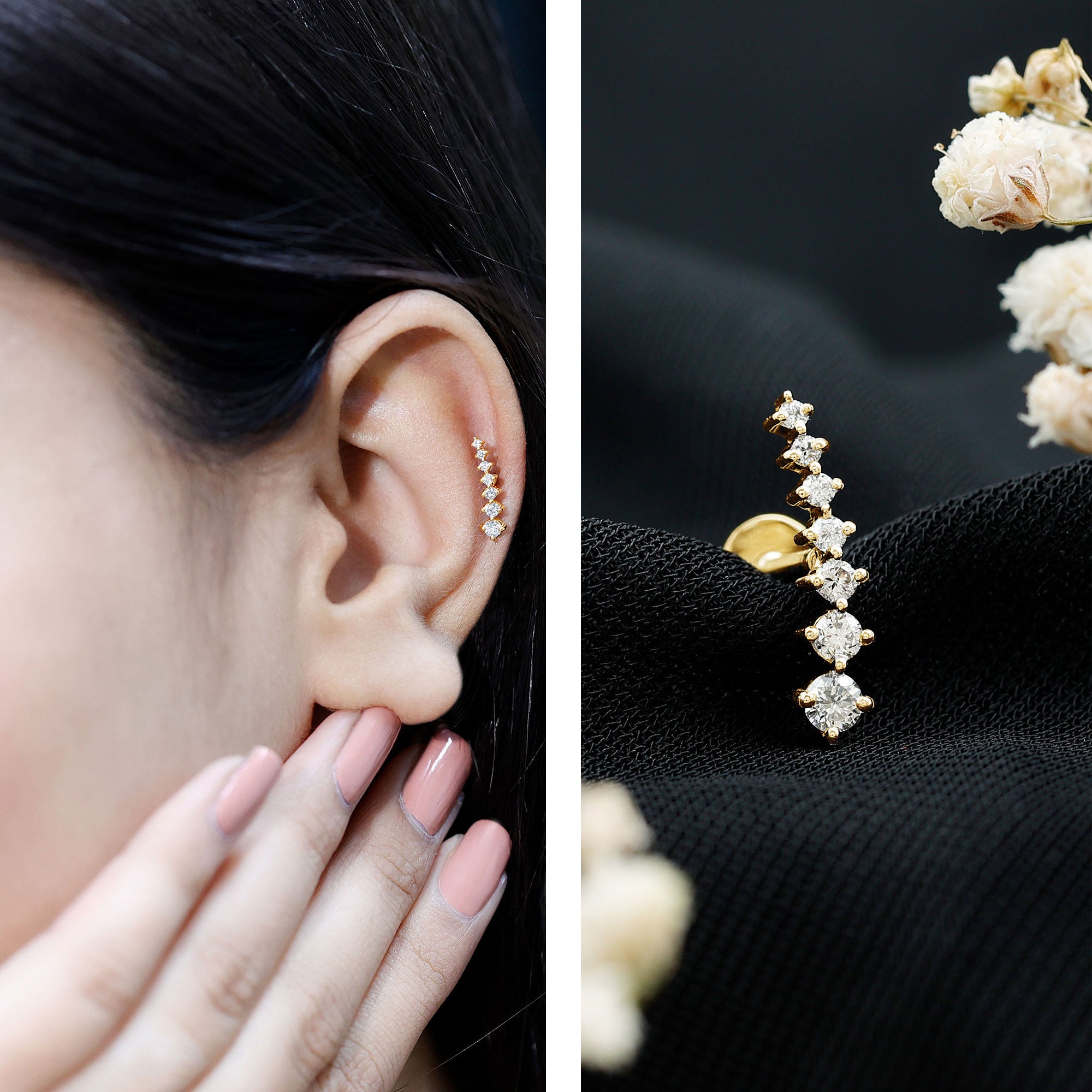 Graduated Style Diamond Ear Climber Earring Natural - ( HI-SI ) - Rosec Jewels