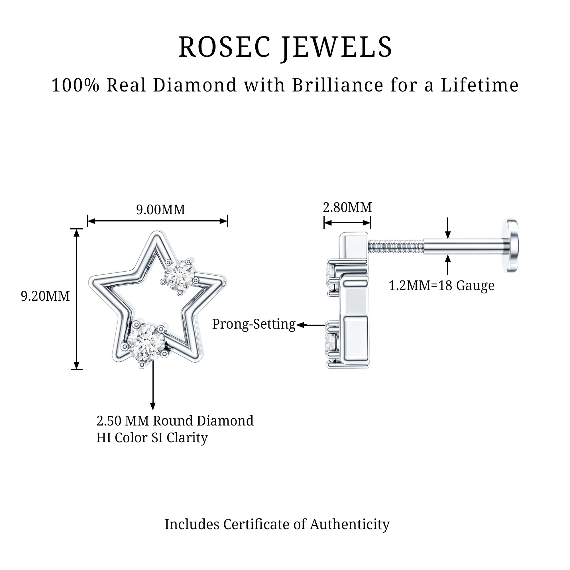 Certified Diamond Star Earring for Upper Lobe Piercing Natural - ( HI-SI ) - Rosec Jewels