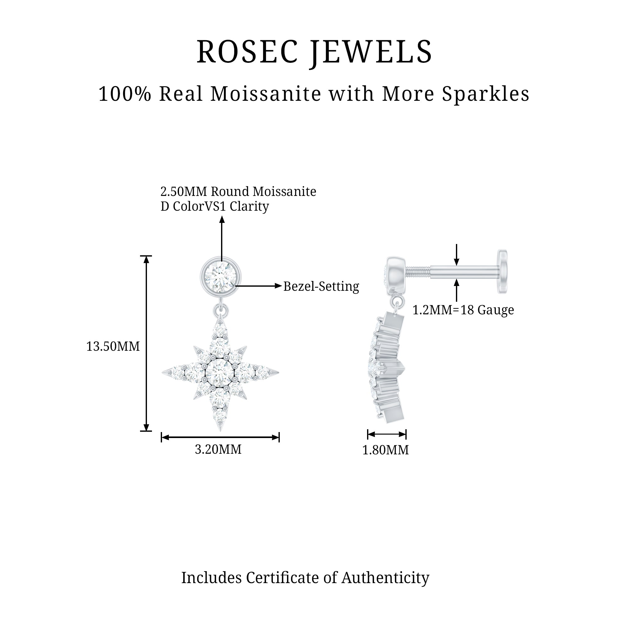 Moissanite Starburst Drop Earring for Cartilage Piercing D-VS1 - Rosec Jewels