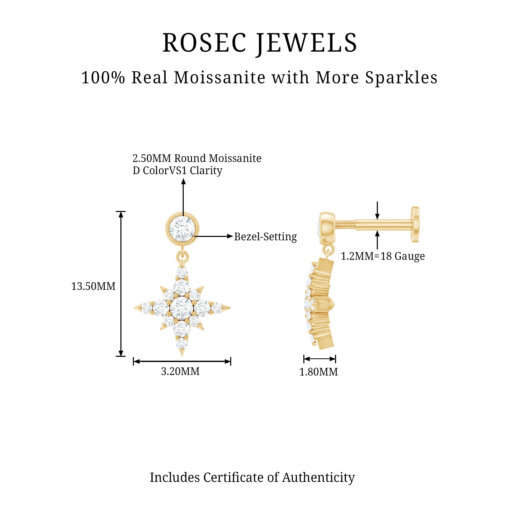 Moissanite Starburst Drop Earring for Cartilage Piercing D-VS1 - Rosec Jewels