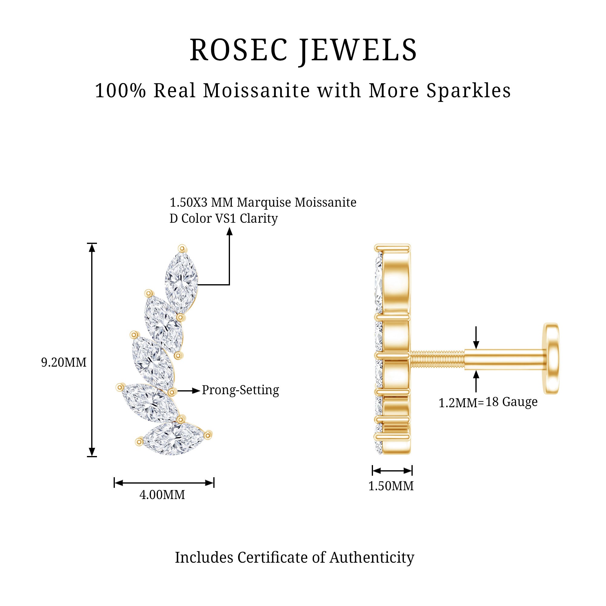 Marquise Moissanite Curved Helix Ear Crawler Earring D-VS1 - Rosec Jewels