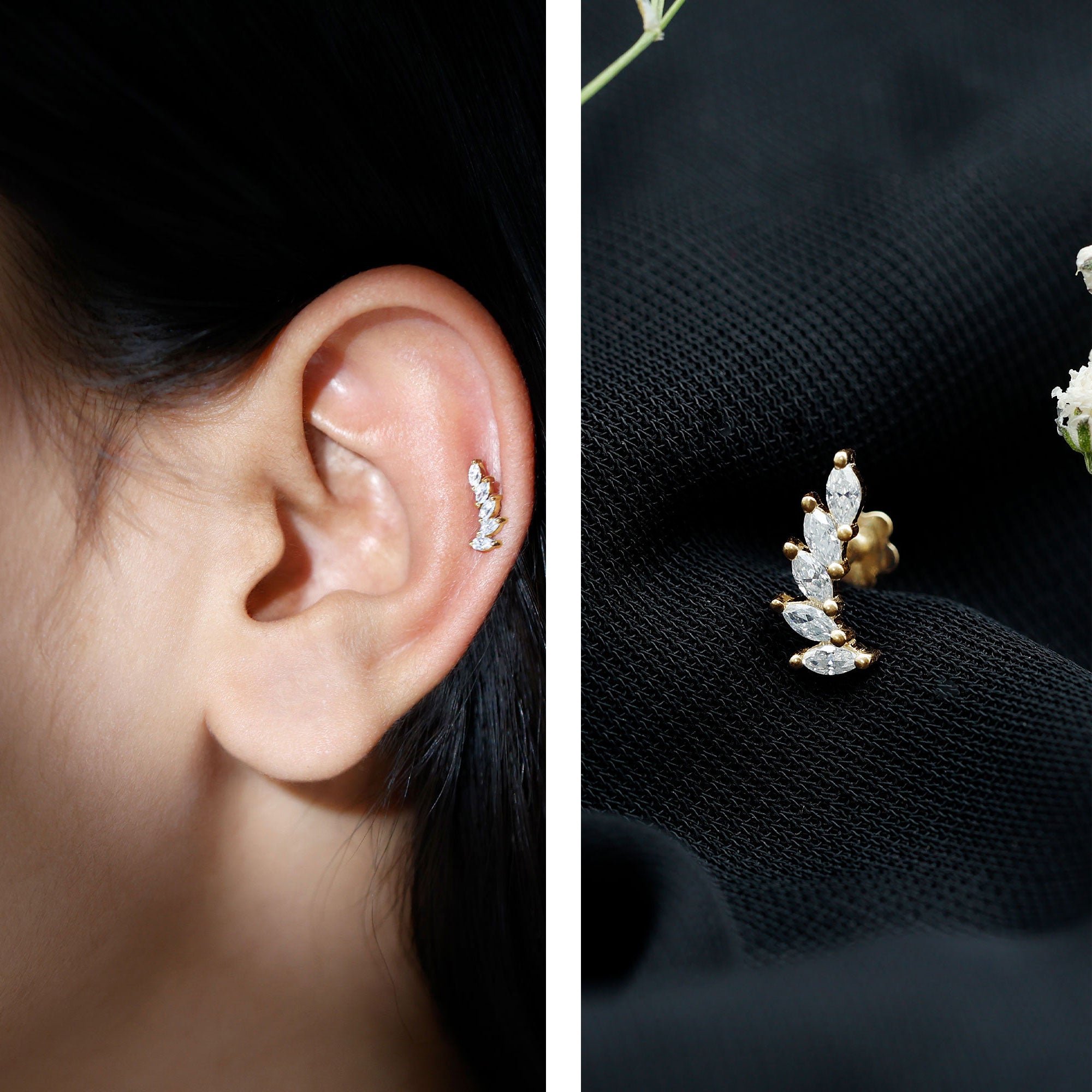 Marquise Moissanite Curved Helix Ear Crawler Earring D-VS1 - Rosec Jewels