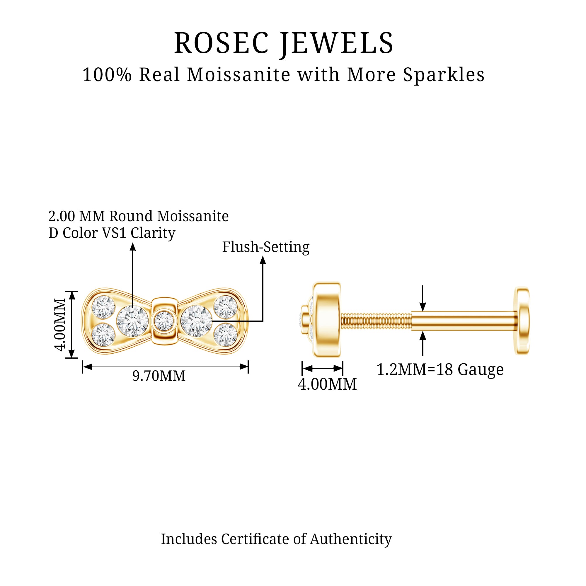 Moissanite Cute Bow Cartilage Earring with Certificate D-VS1 - Rosec Jewels