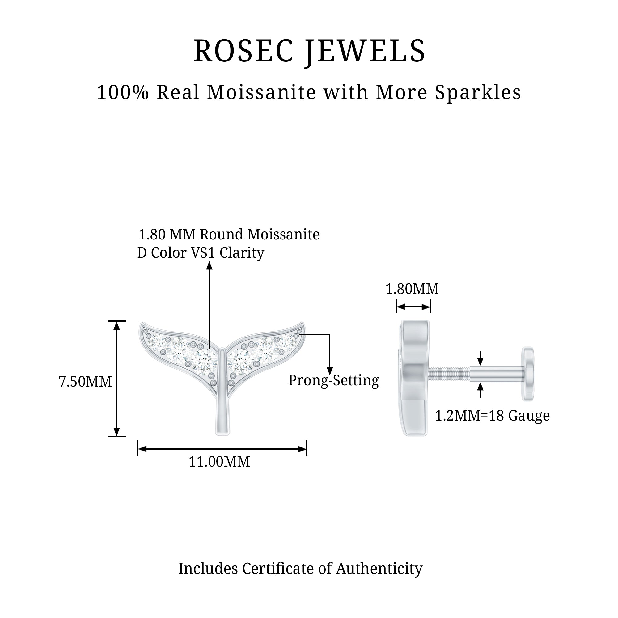 Moissanite Whale Tail Earring for Cartilage Piercing D-VS1 - Rosec Jewels