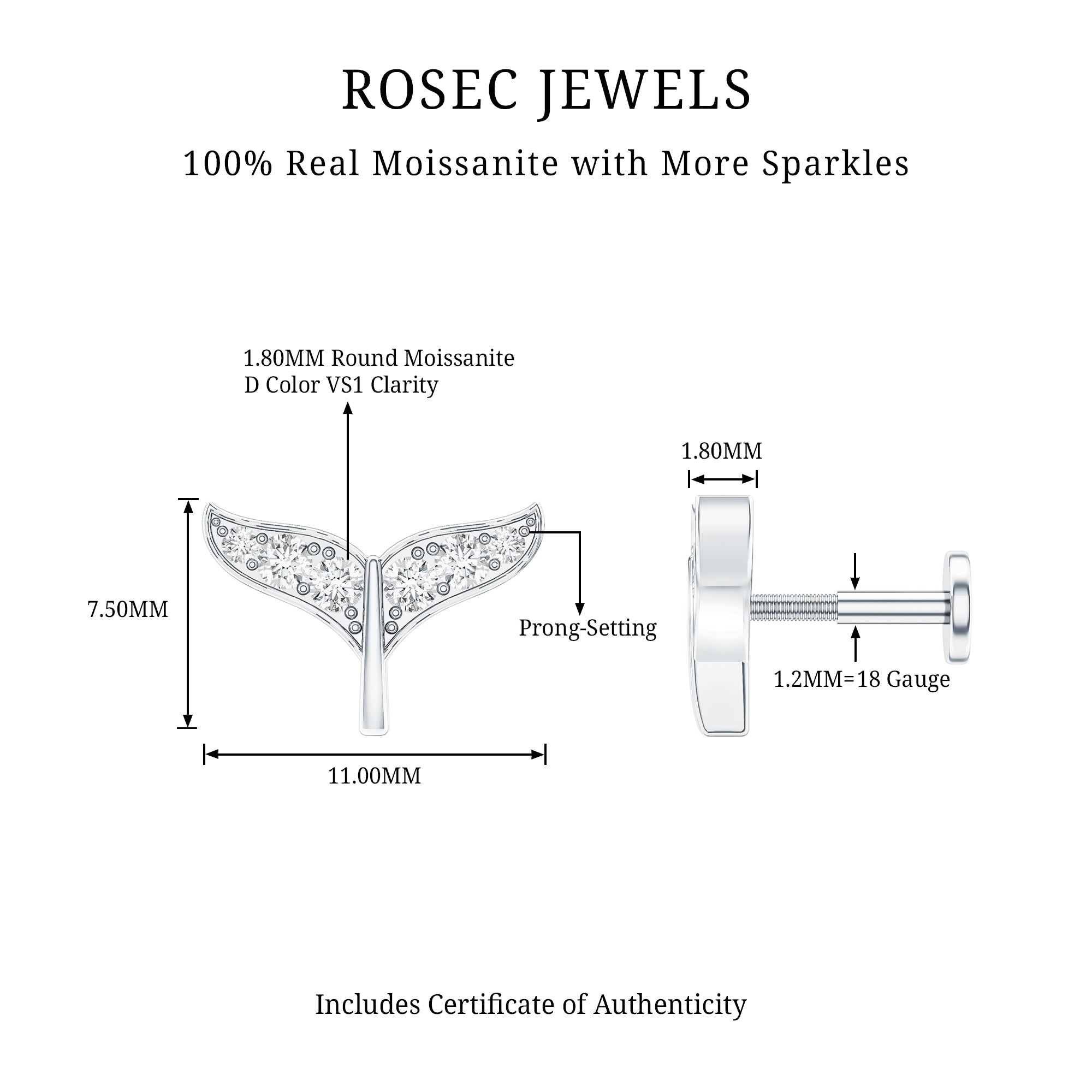 Moissanite Whale Tail Earring for Cartilage Piercing D-VS1 - Rosec Jewels