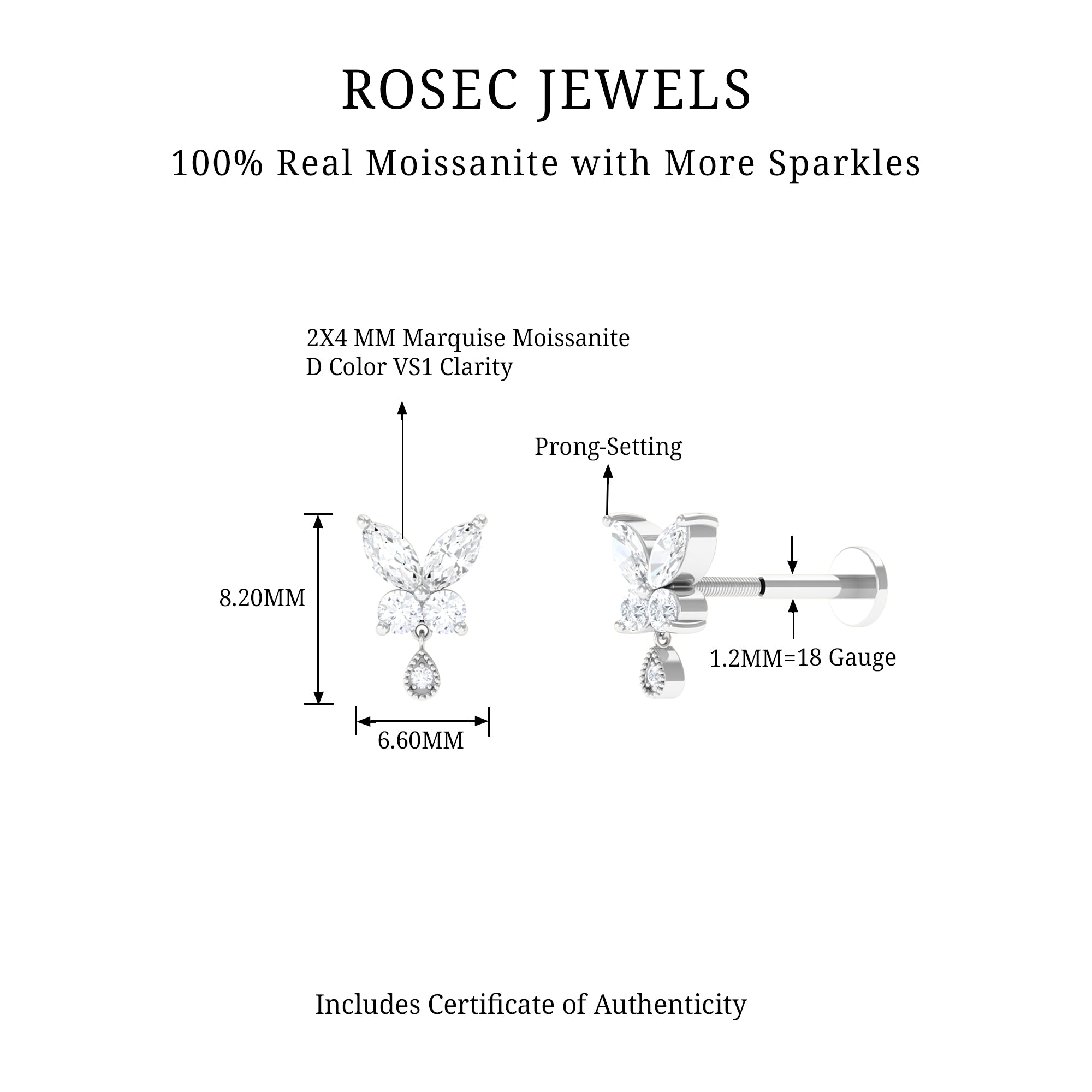 Marquise Moissanite Butterfly Dangle Earring D-VS1 - Rosec Jewels