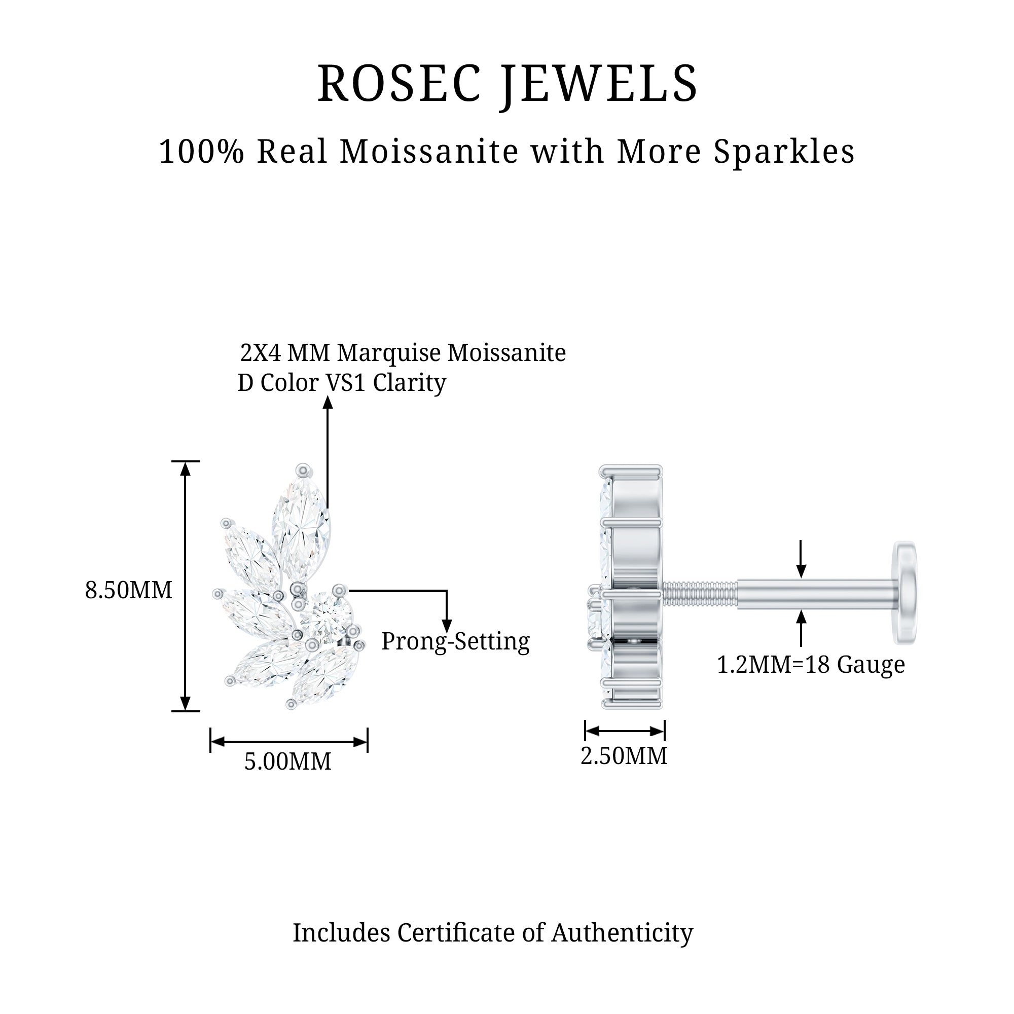 Marquise and Round Cut Moissanite Earring for Cartilage Piercing D-VS1 - Rosec Jewels