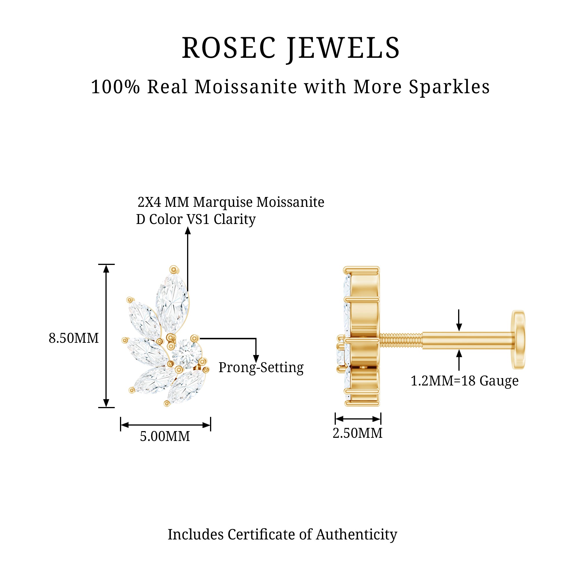 Marquise and Round Cut Moissanite Earring for Cartilage Piercing D-VS1 - Rosec Jewels