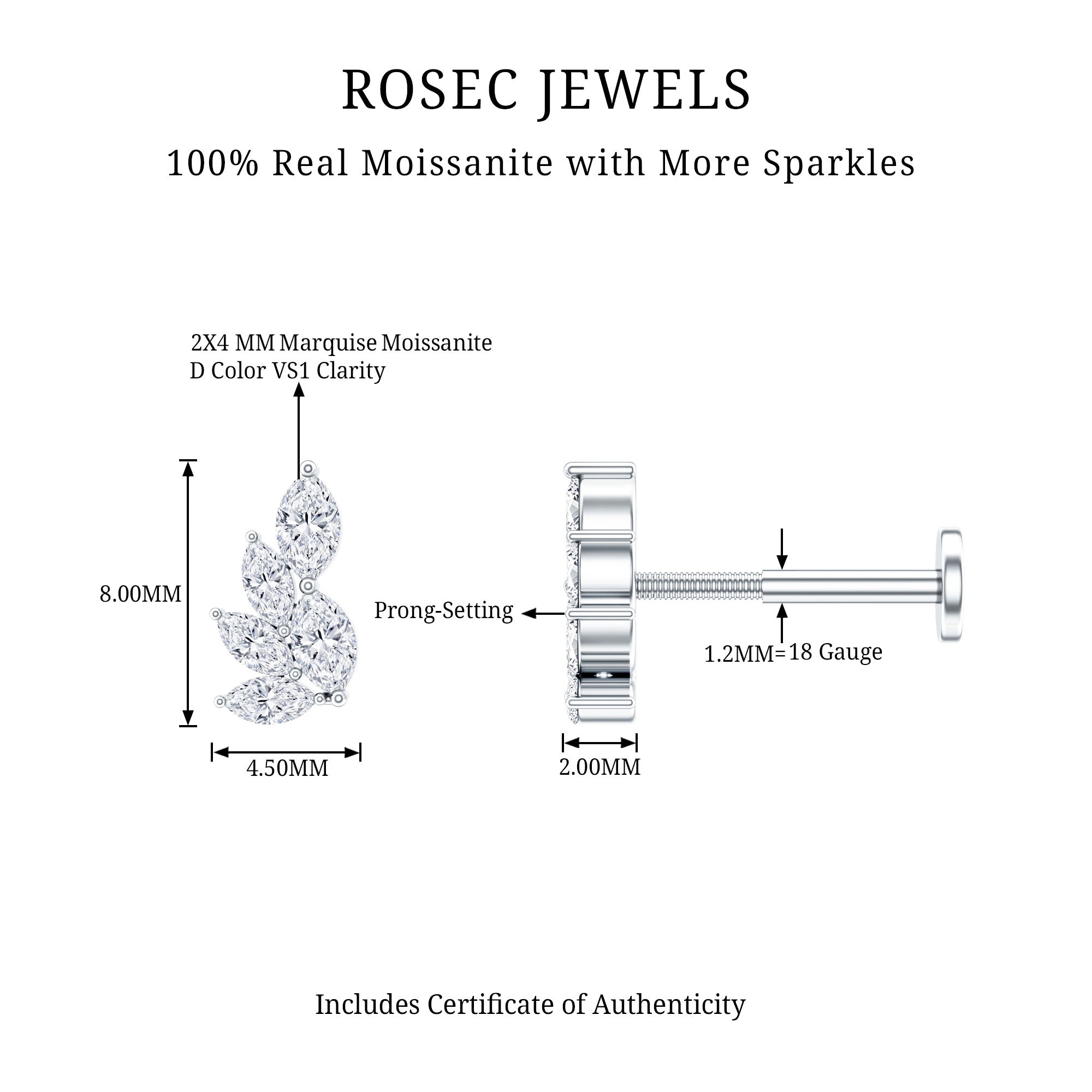 Marquise Moissanite Cluster Earring for Helix Piercing D-VS1 - Rosec Jewels