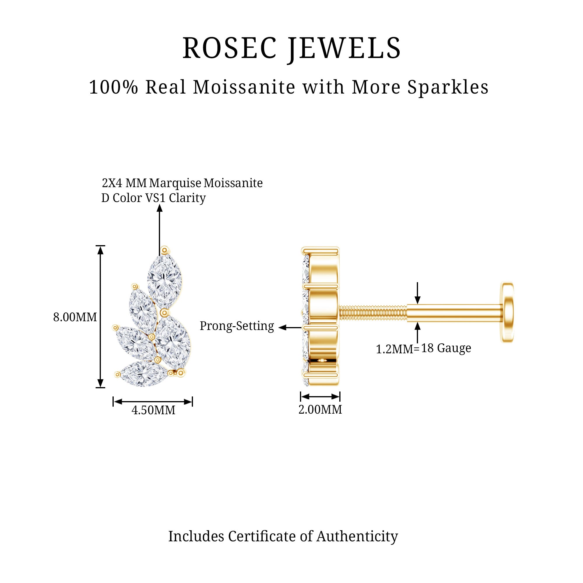 Marquise Moissanite Cluster Earring for Helix Piercing D-VS1 - Rosec Jewels
