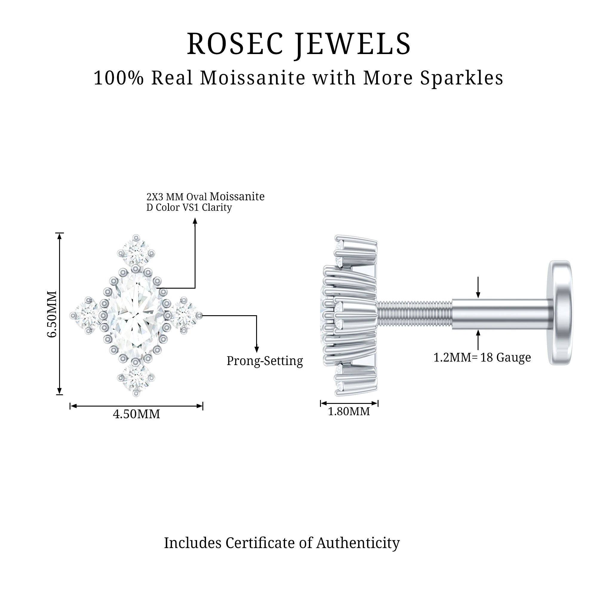 Vintage Inspired Moissanite Oval Conch Earring D-VS1 - Rosec Jewels