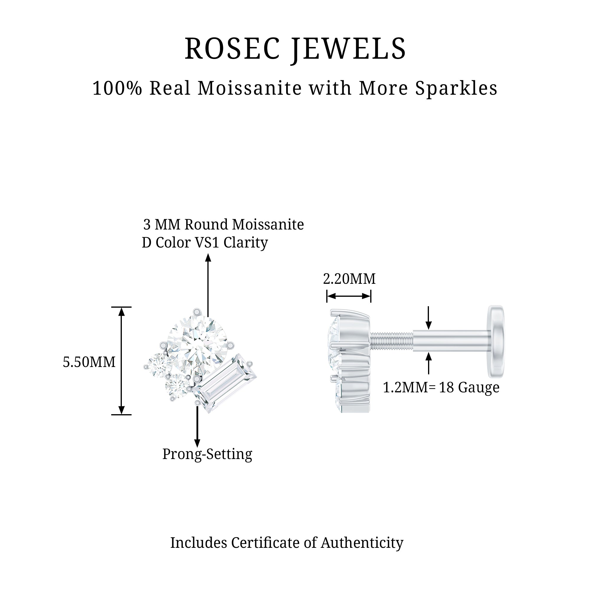 Baguette and Round Moissanite Cluster Tragus Earring D-VS1 - Rosec Jewels
