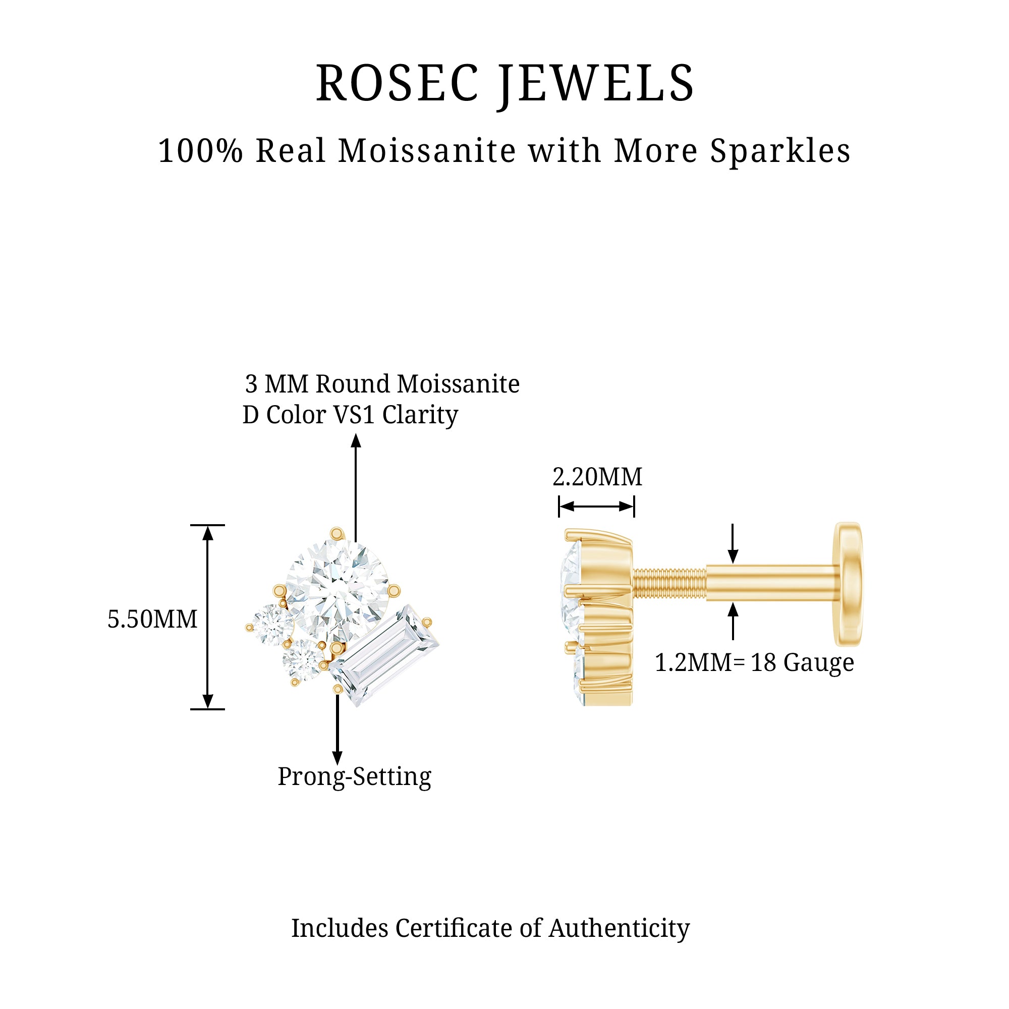 Baguette and Round Moissanite Cluster Tragus Earring D-VS1 - Rosec Jewels