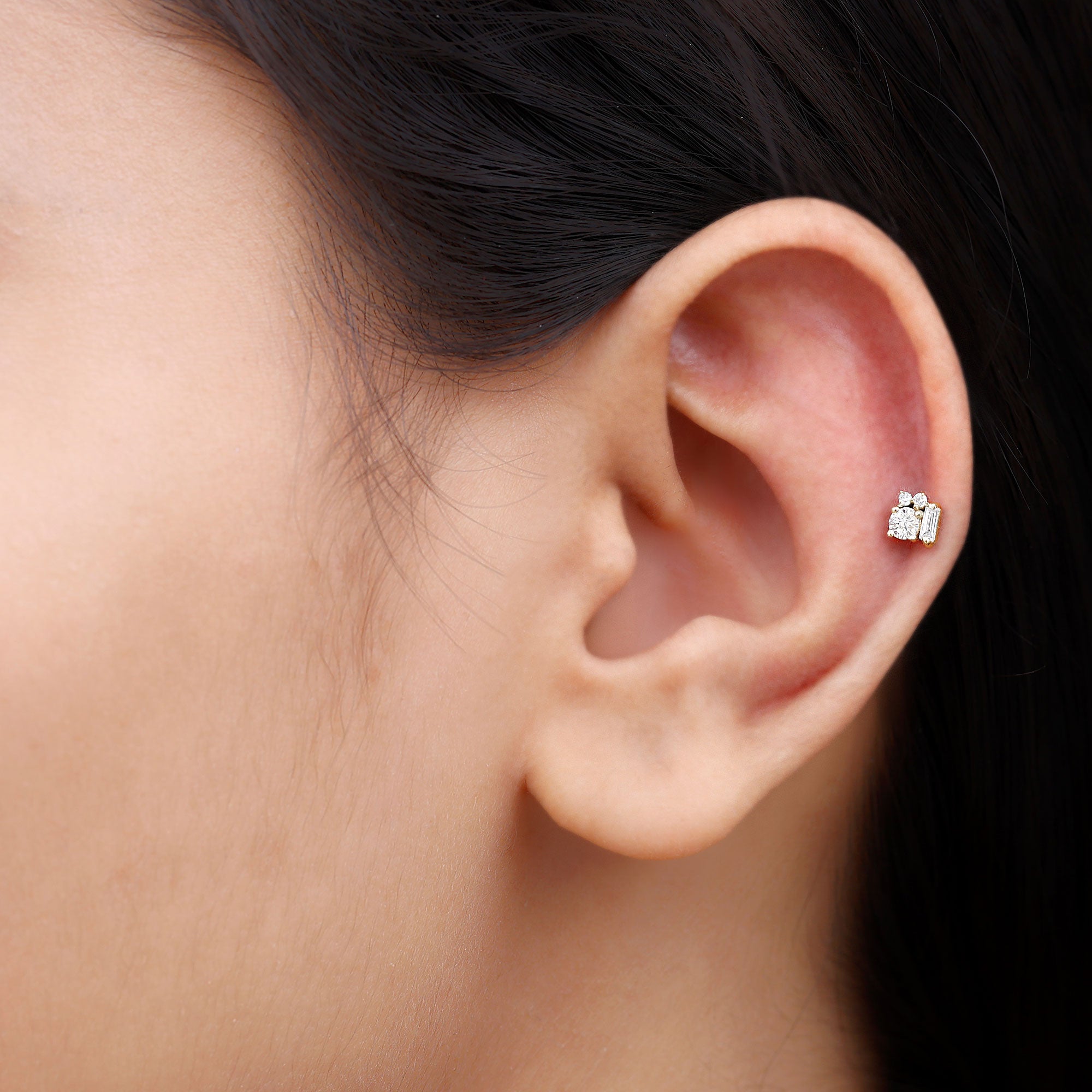 Baguette and Round Moissanite Cluster Tragus Earring D-VS1 - Rosec Jewels